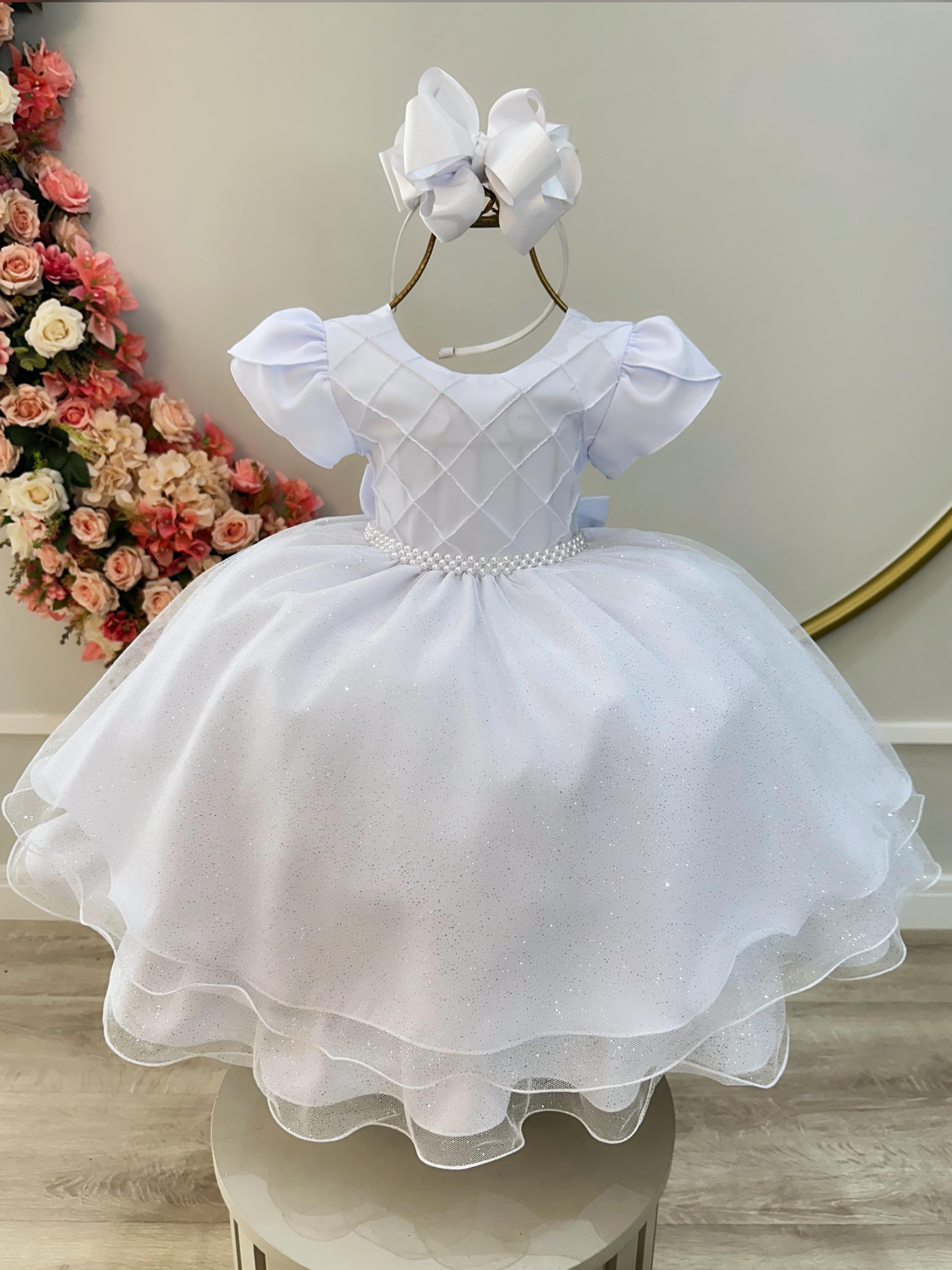 Vestido Infantil Branco C/ Busto Nervura Festas Daminhas