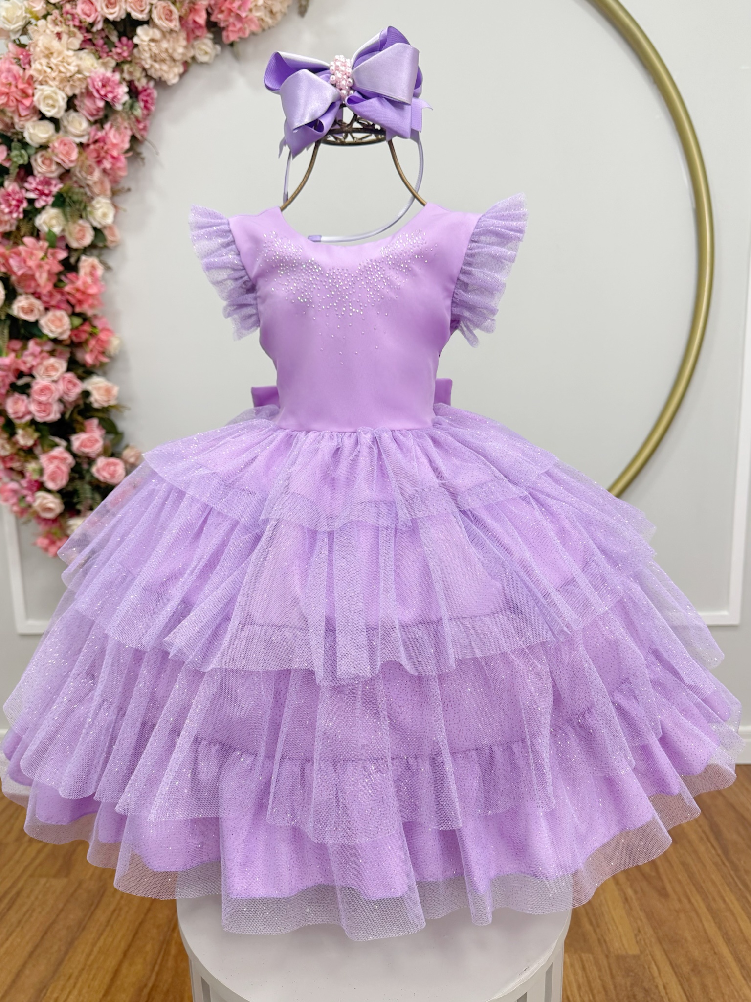 Vestido Infantil Lilás Busto C/ Strass Saia Babados Daminhas