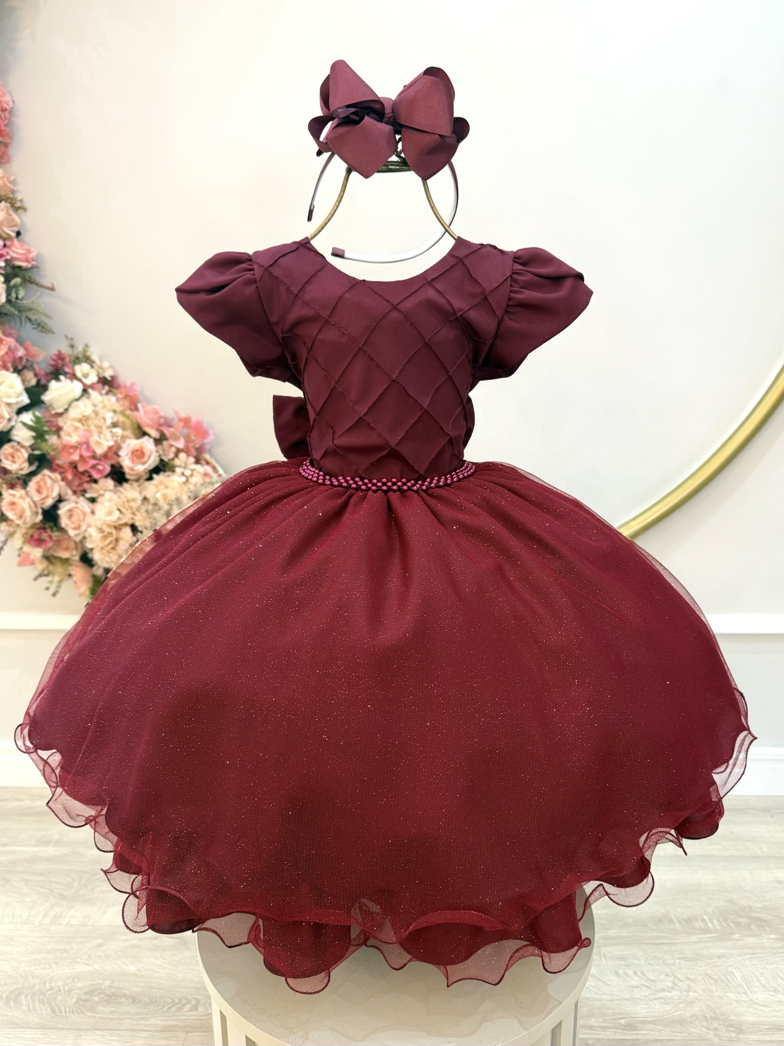 Vestido Infantil Marsala C/ Busto Nervura Festas Daminhas