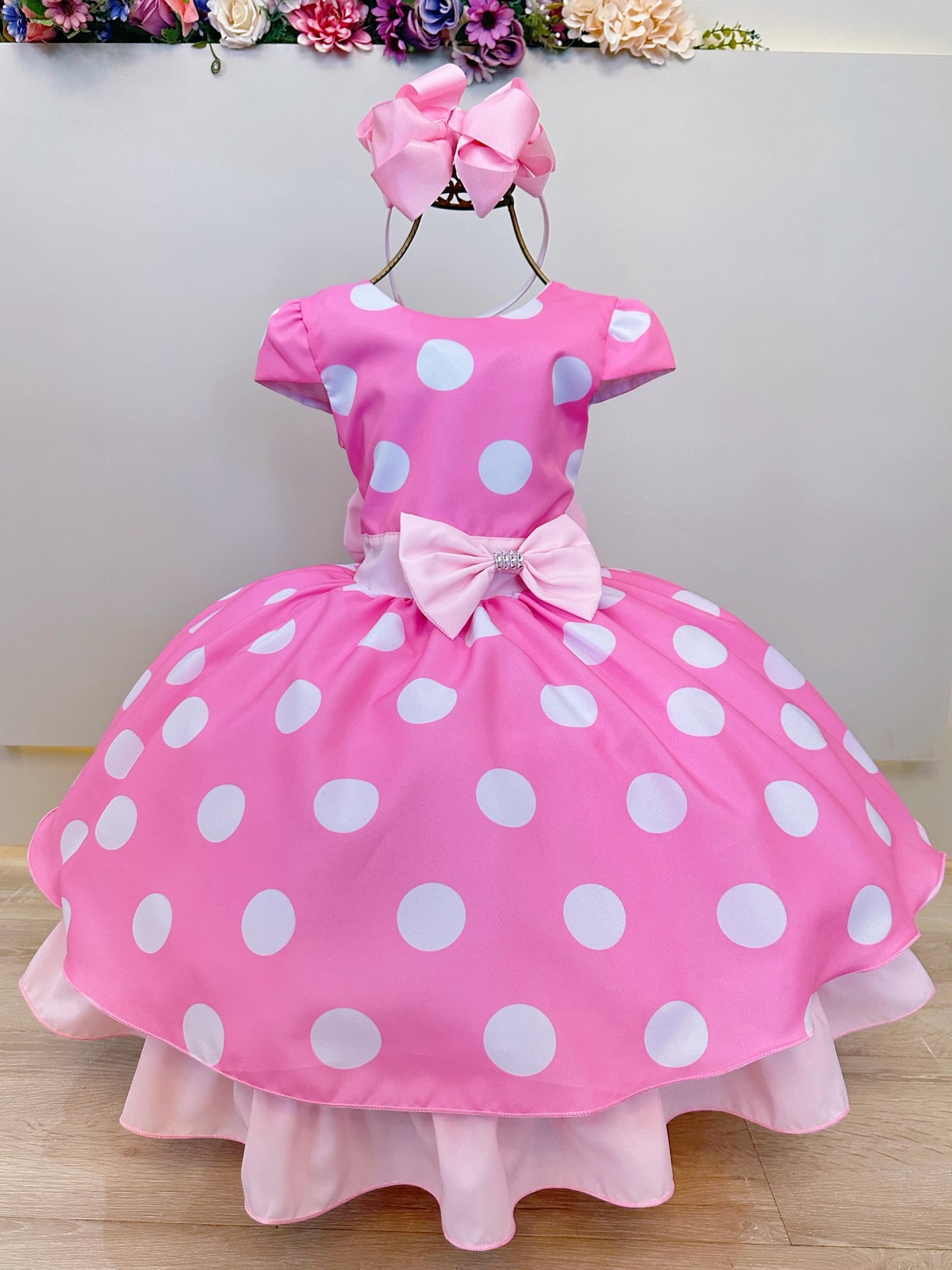 Vestido Infantil Minnie Rosa C/ Bolinhas Brancas Festas