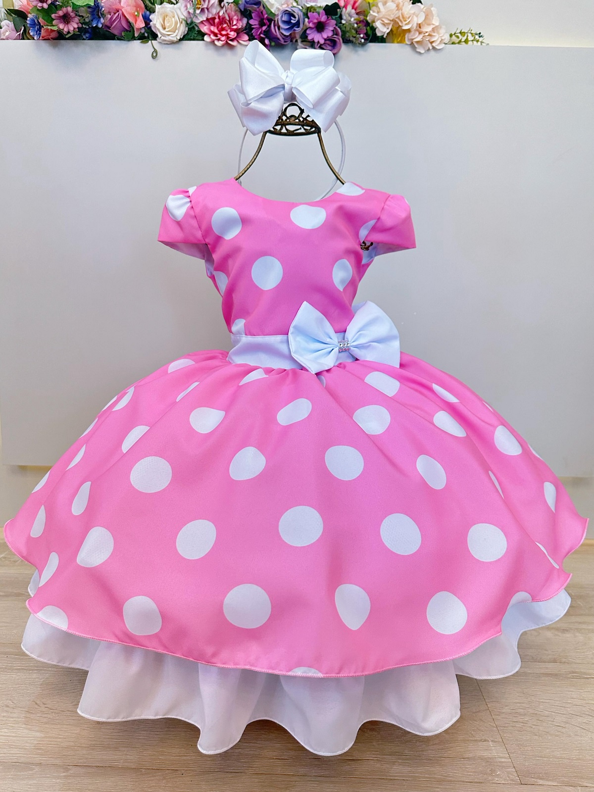 Vestido Infantil Minnie Rosa Com Bolinhas Brancas Festas