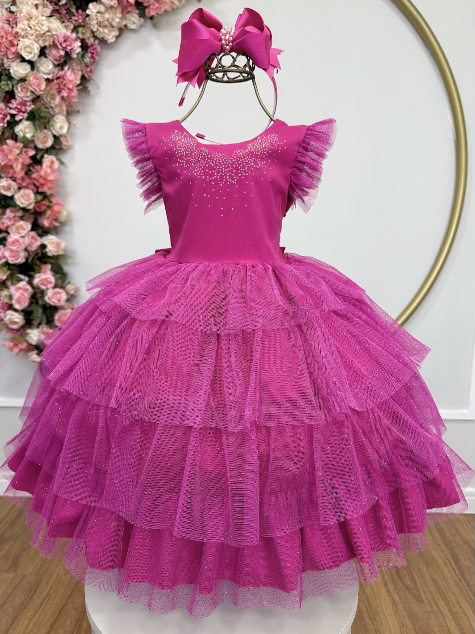 Vestido Infantil Pink Busto C/ Strass Saia Babados Daminhas