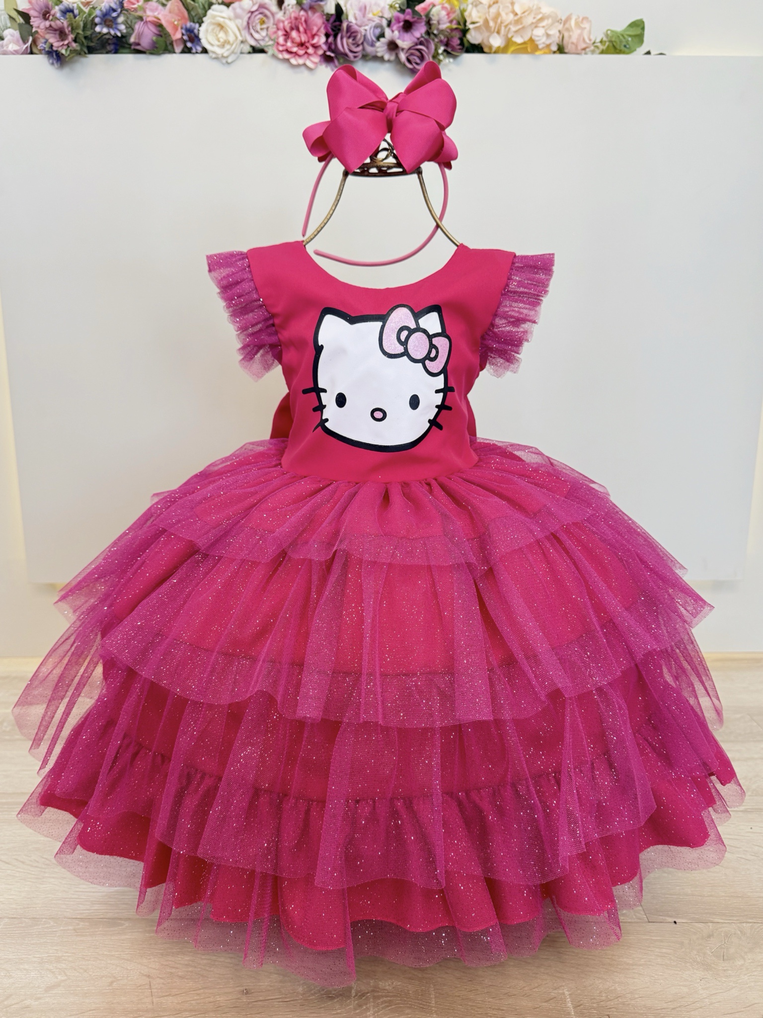 Vestido Infantil Pink da Hello Kitty Saia C/ Glitter Festas