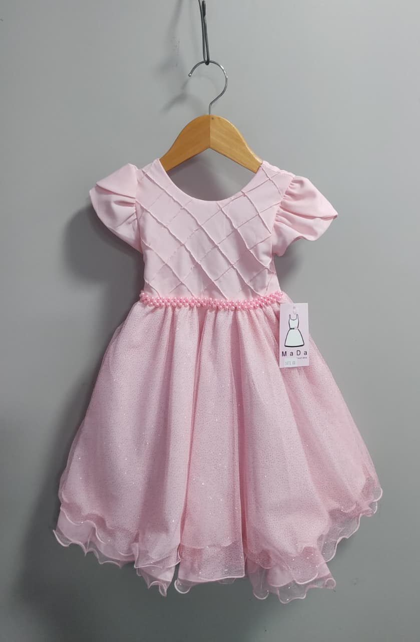 Vestido Infantil Rosa Claro C/ Busto Nervura Daminhas Festas