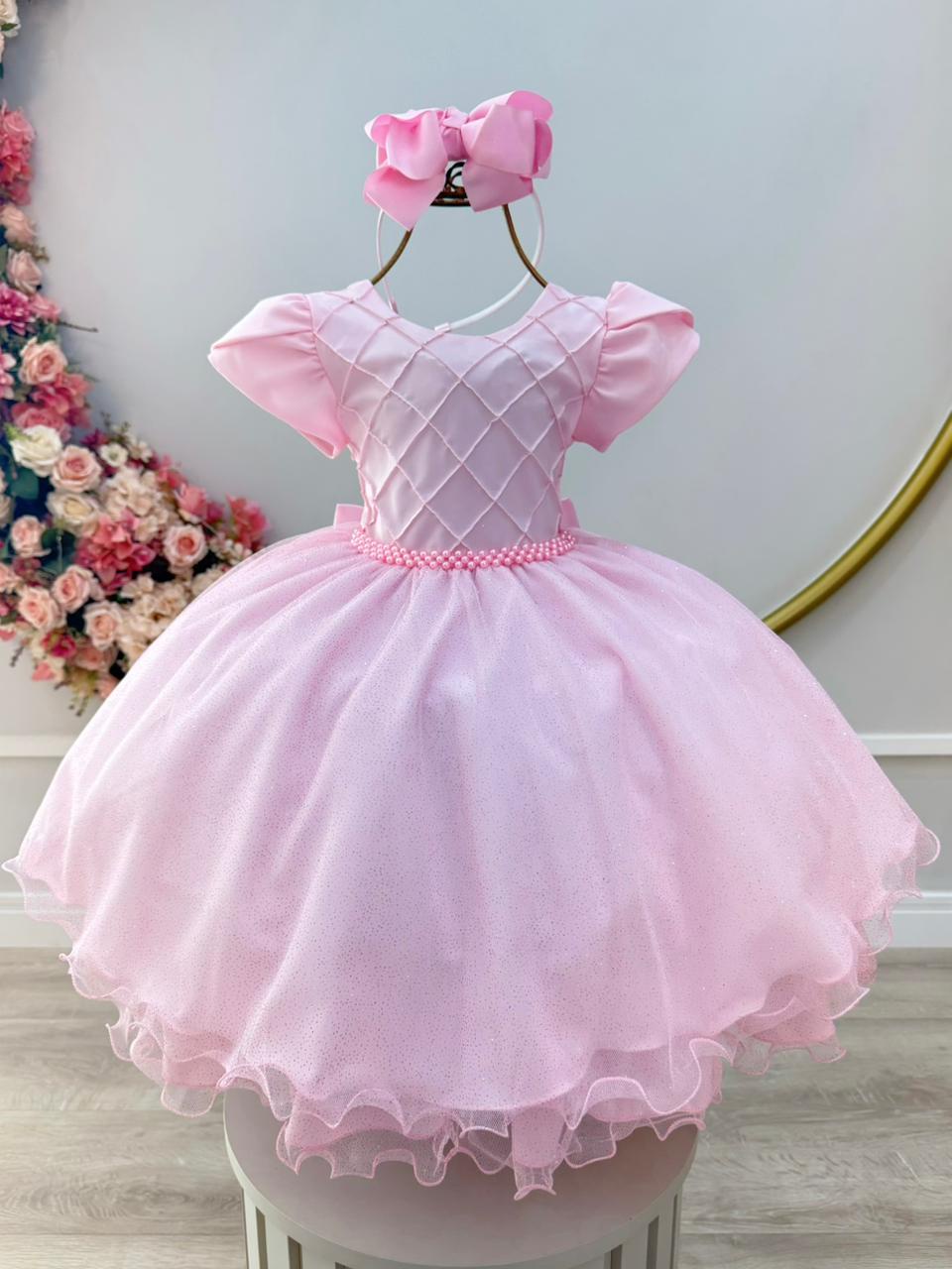 Vestido Infantil Rosa Claro C/ Busto Nervura Daminhas Festas