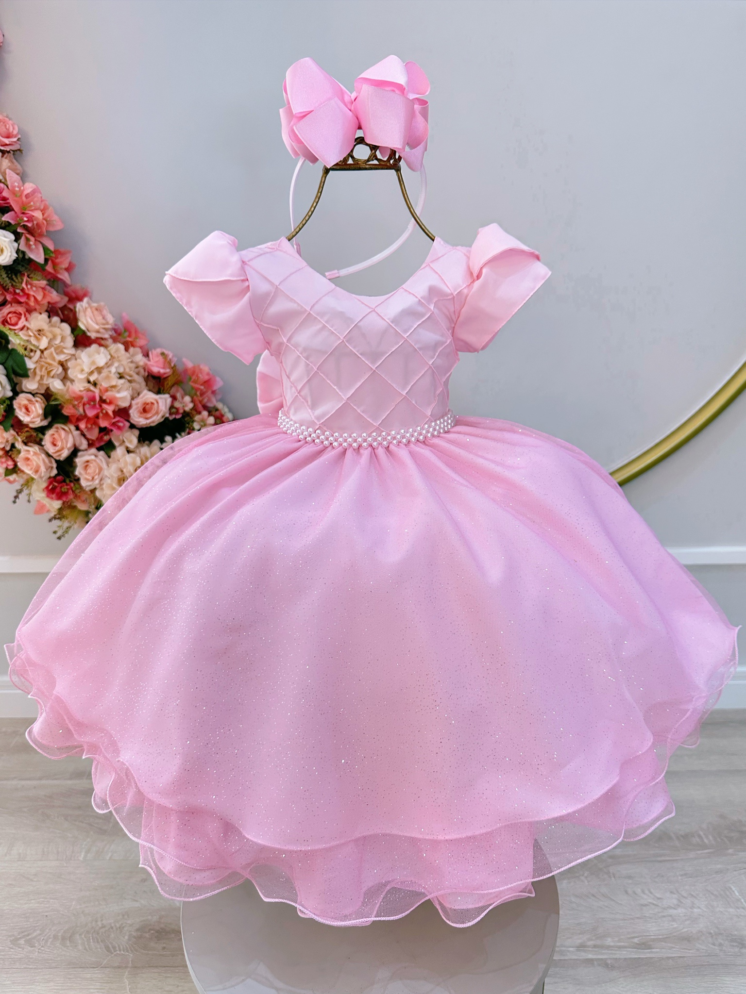 Vestido Infantil Rosa Claro C/ Busto Nervura Festas Daminhas