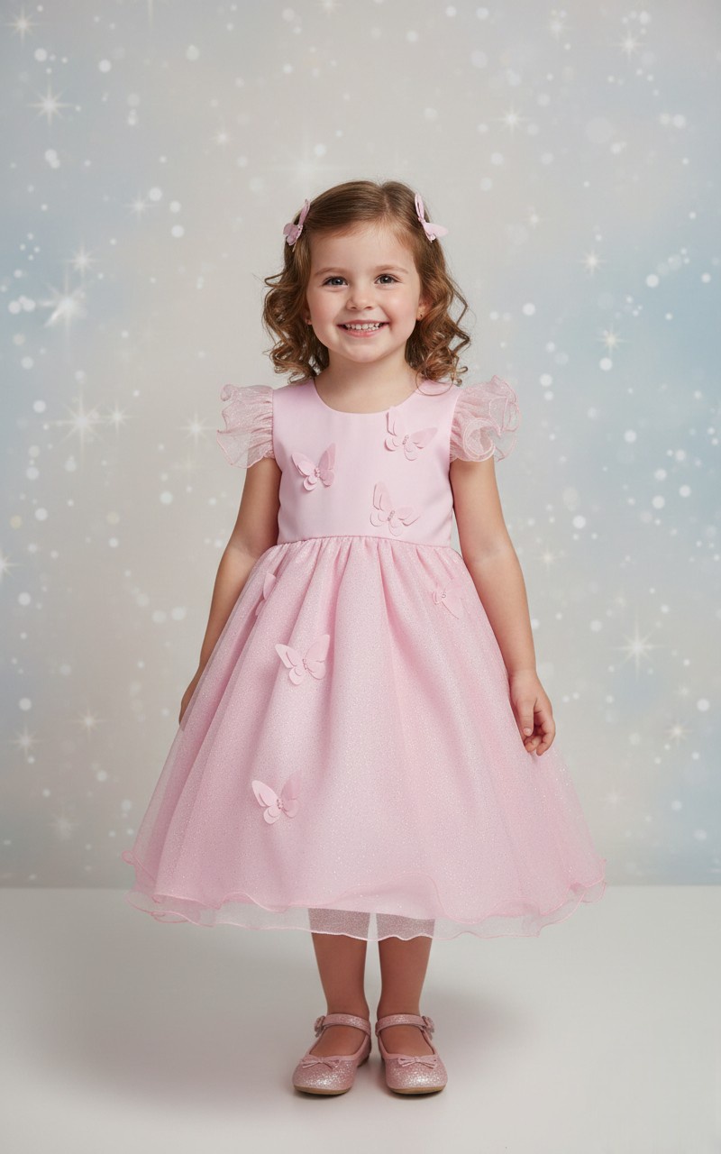 Vestido Infantil Rosa Jardim das Borboletas C/ Glitter Festas