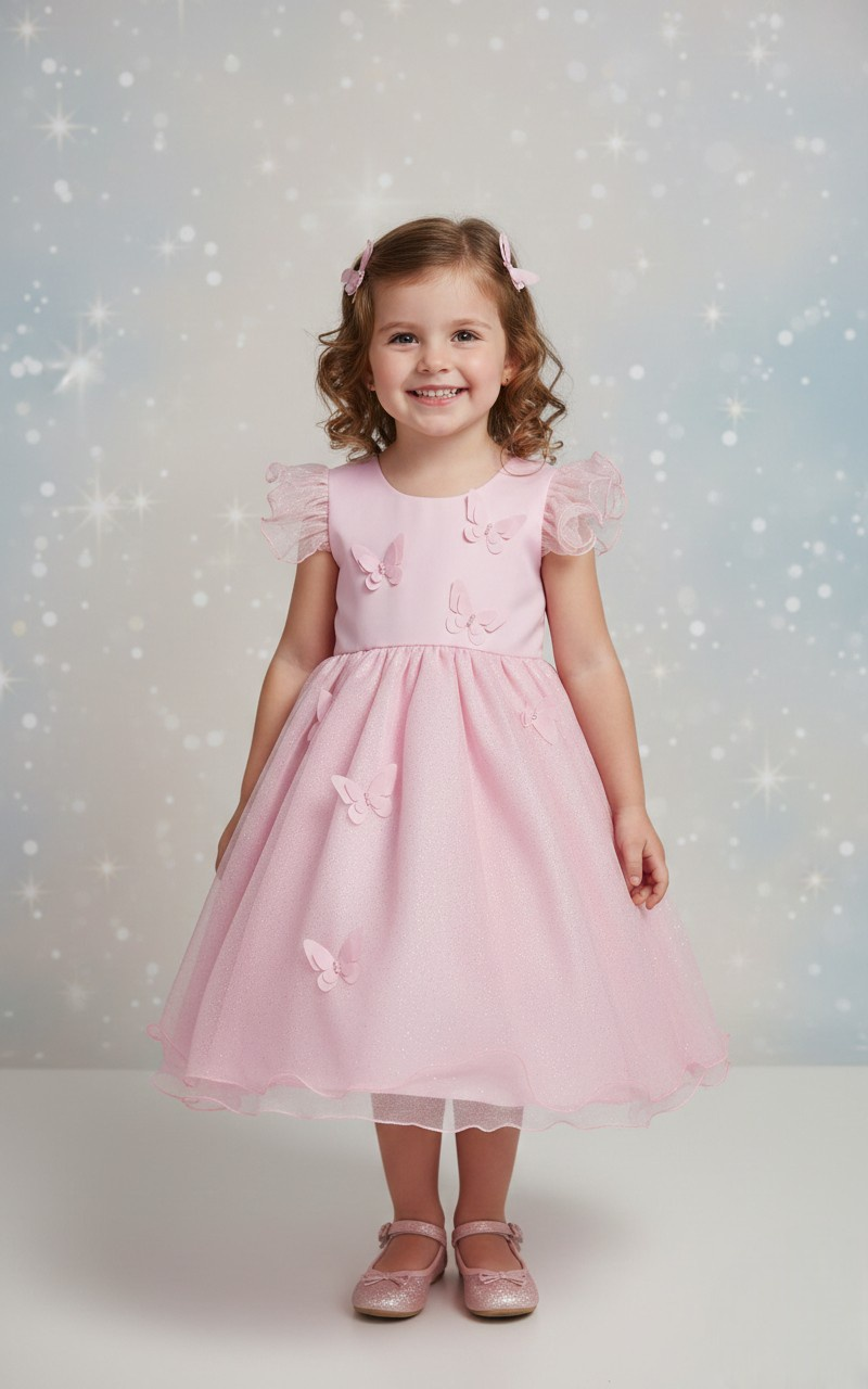 Vestido Infantil Rosa Jardim das Borboletas C/ Glitter Festas