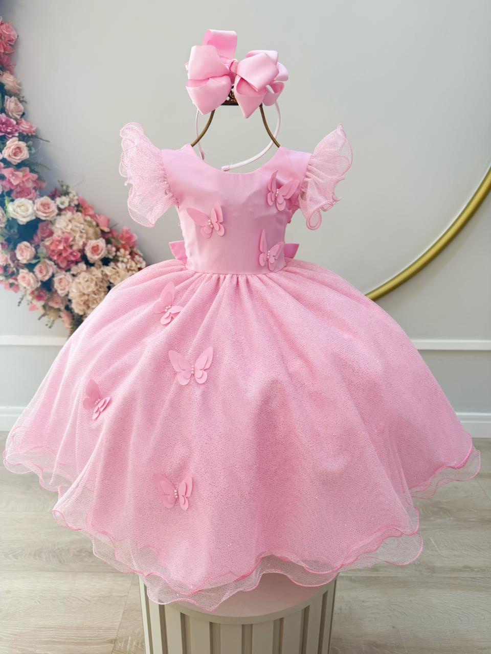 Vestido Infantil Rosa Jardim das Borboletas C/ Glitter Festas