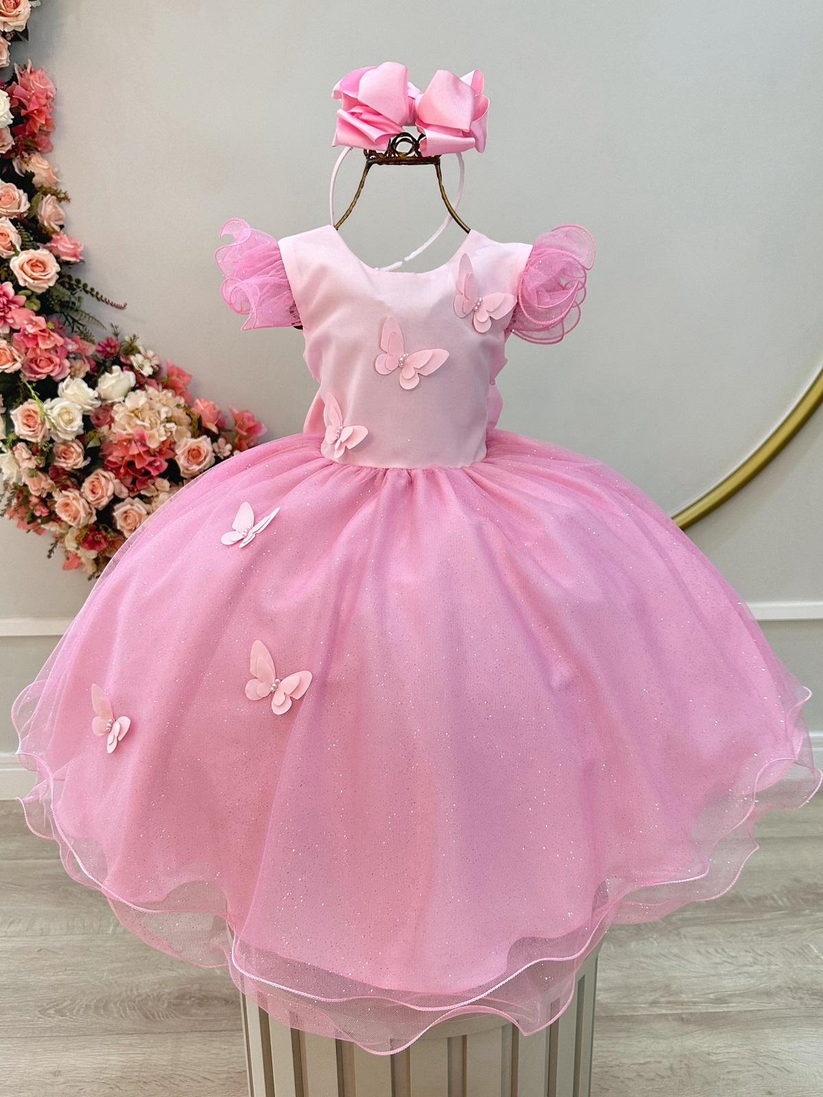 Vestido Infantil Rosa Jardim das Borboletas Festas