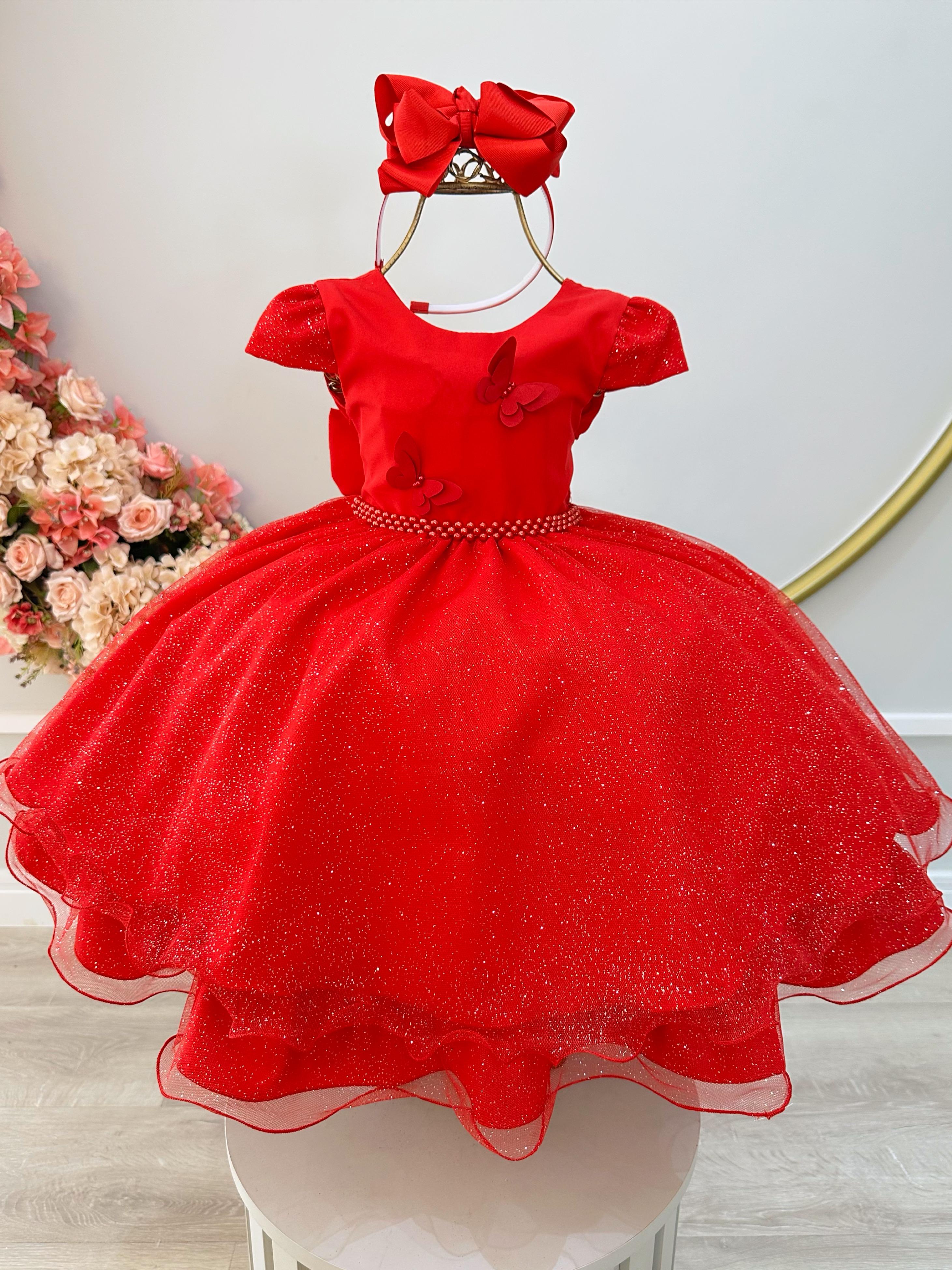 Vestido Infantil Vermelho Apliques Borboletas Glitter Festas