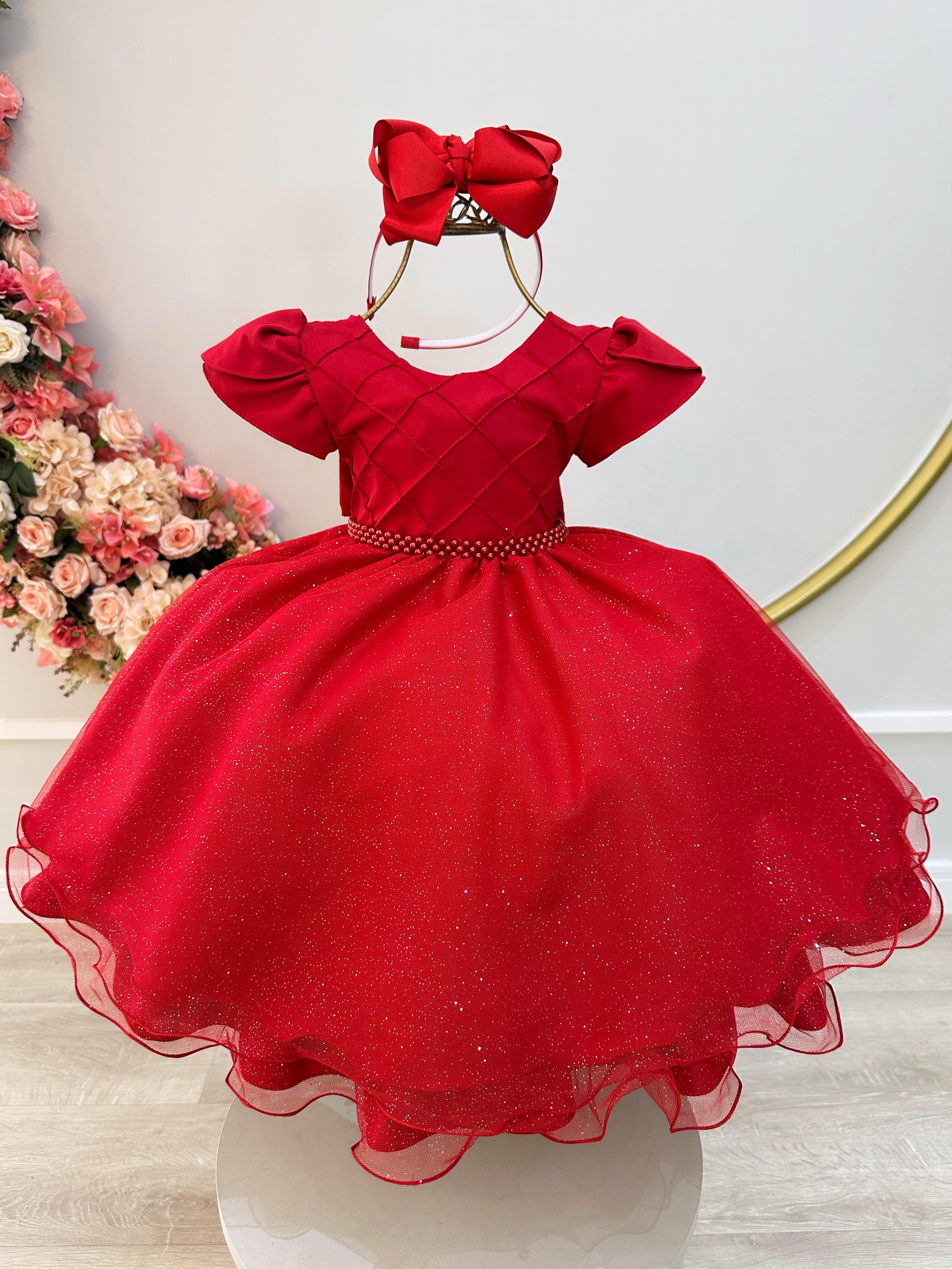 Vestido Infantil Vermelho C/ Busto Nervura Festas Daminhas