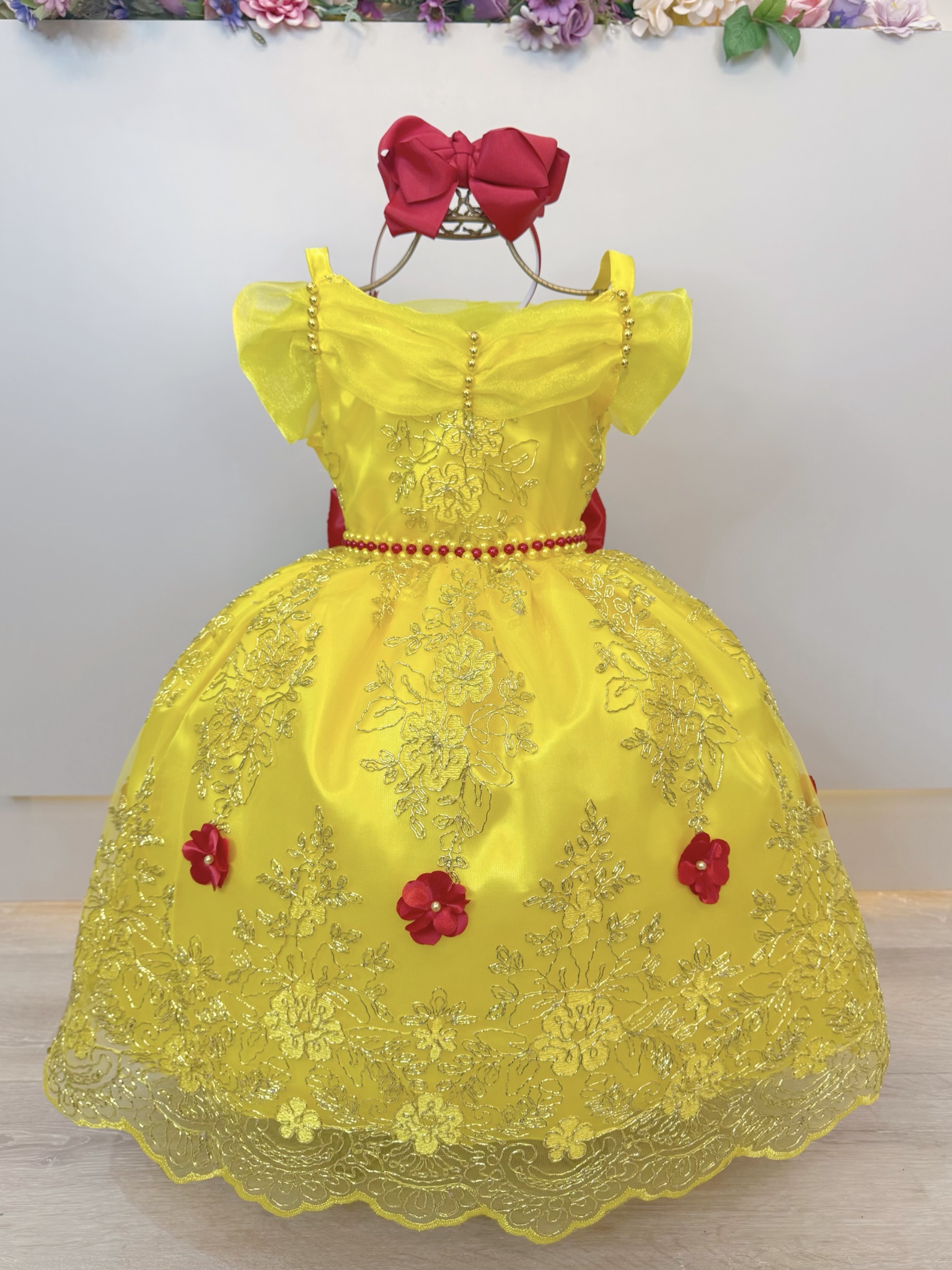 Vestido Infantil Amarelo Princesa Bela Realeza Luxo