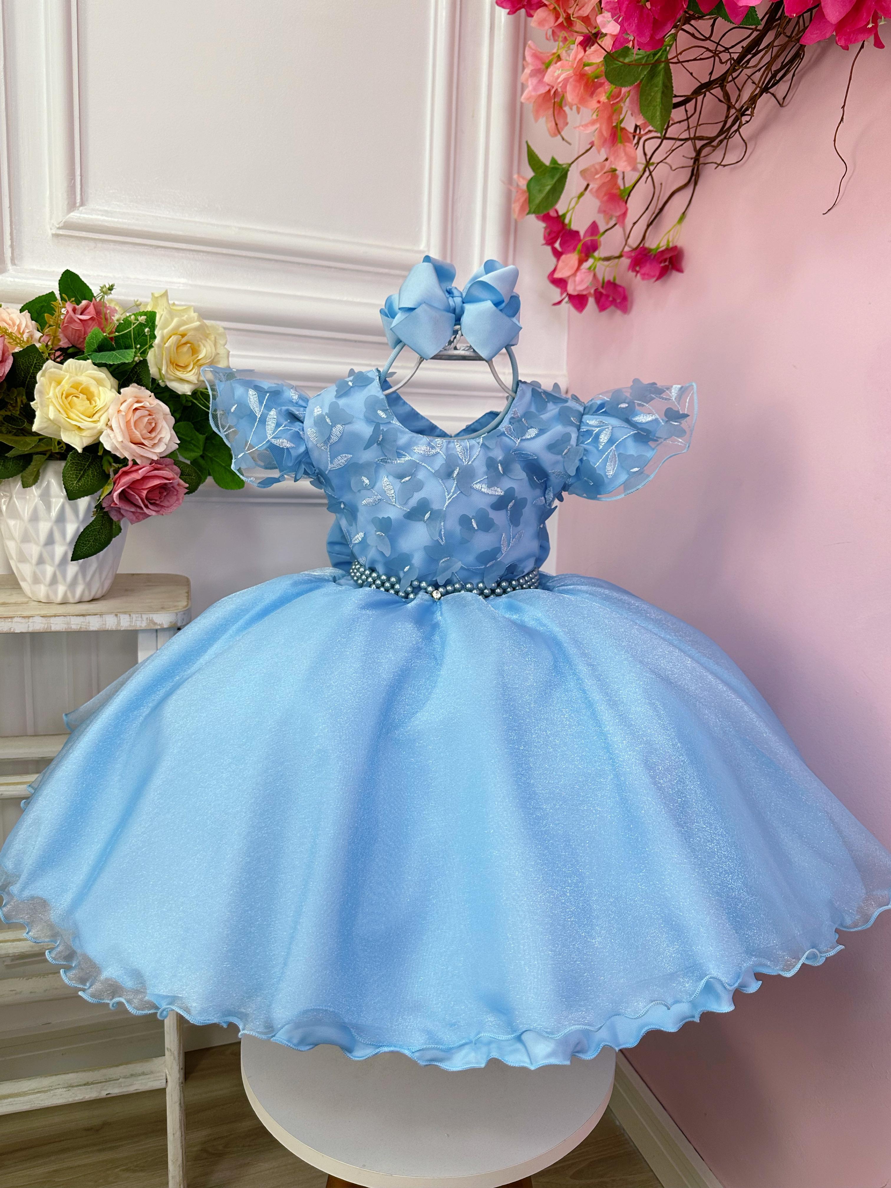 Vestido Infantil Azul C/ Renda Jardim das Boroboletas Luxo