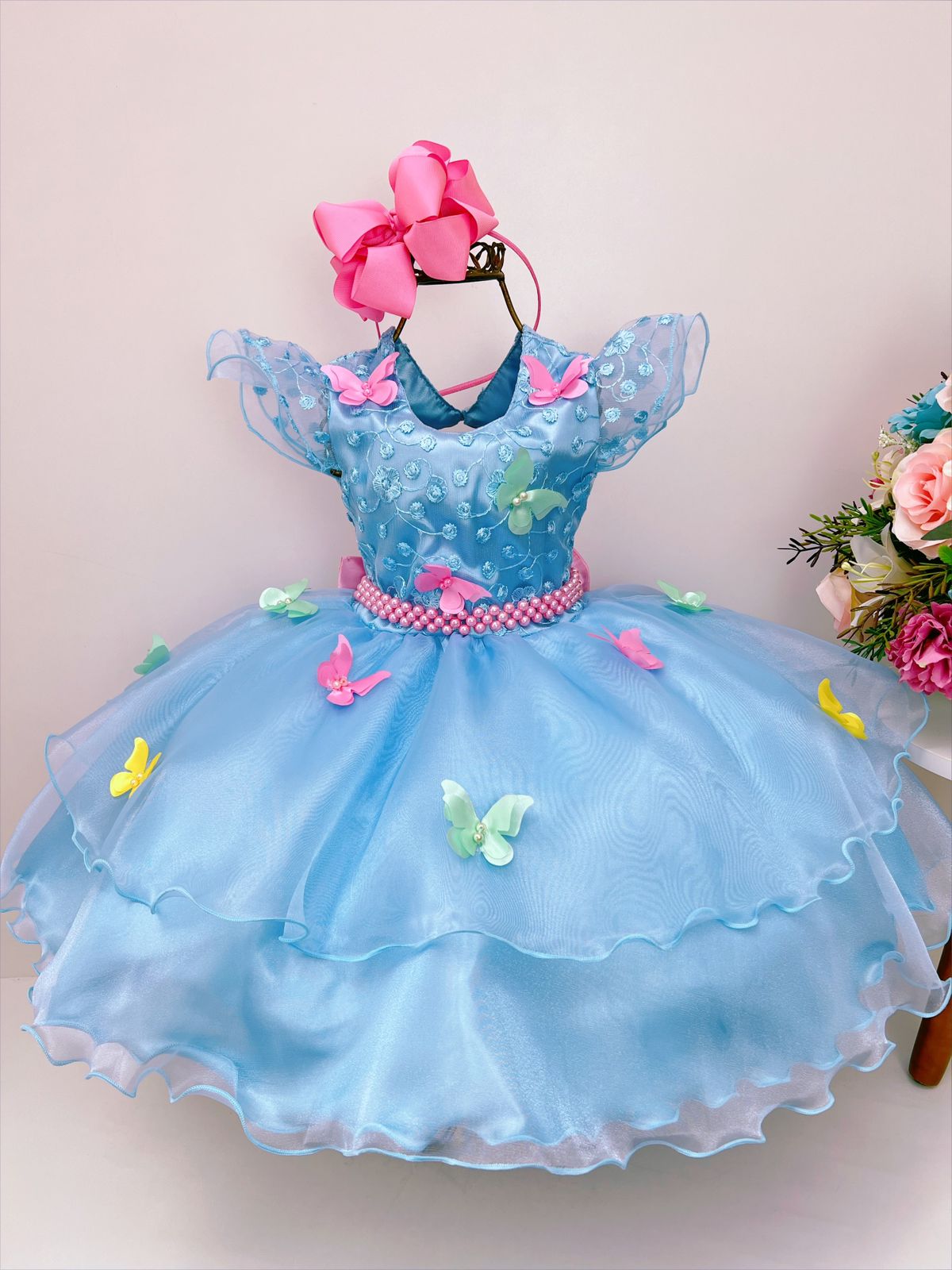 Vestido Infantil Azul Jardim Encantado Renda e Borboletas