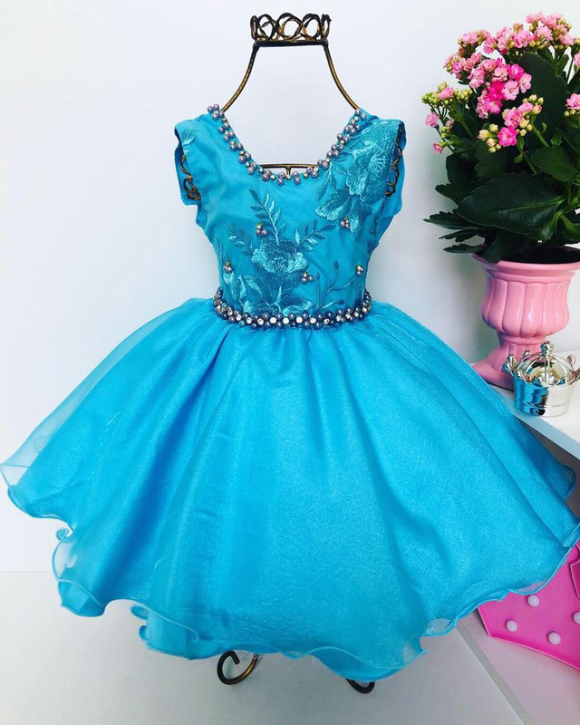 Vestido Infantil Azul Tifanny Renda Pérola Luxo Princesas