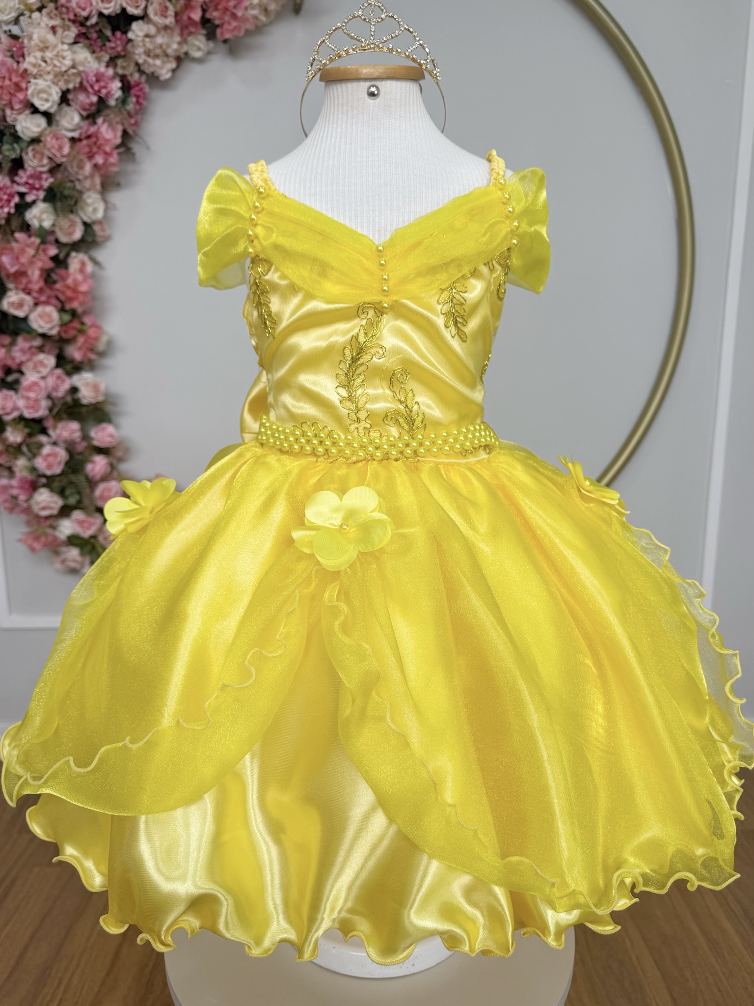 Vestido Infantil Bela e a Fera Princesas C/ Renda e Pérolas