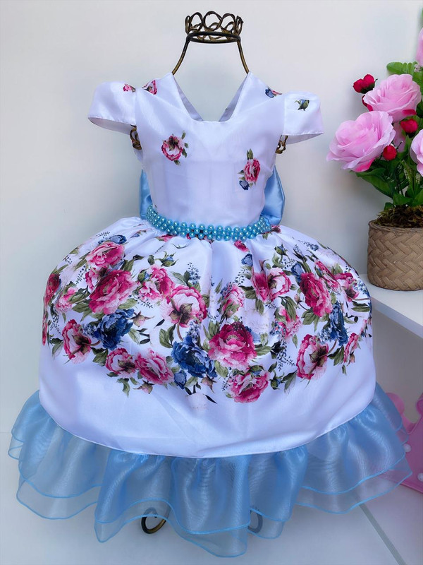 Vestido Infantil Branco Floral Azul Luxo Floristas