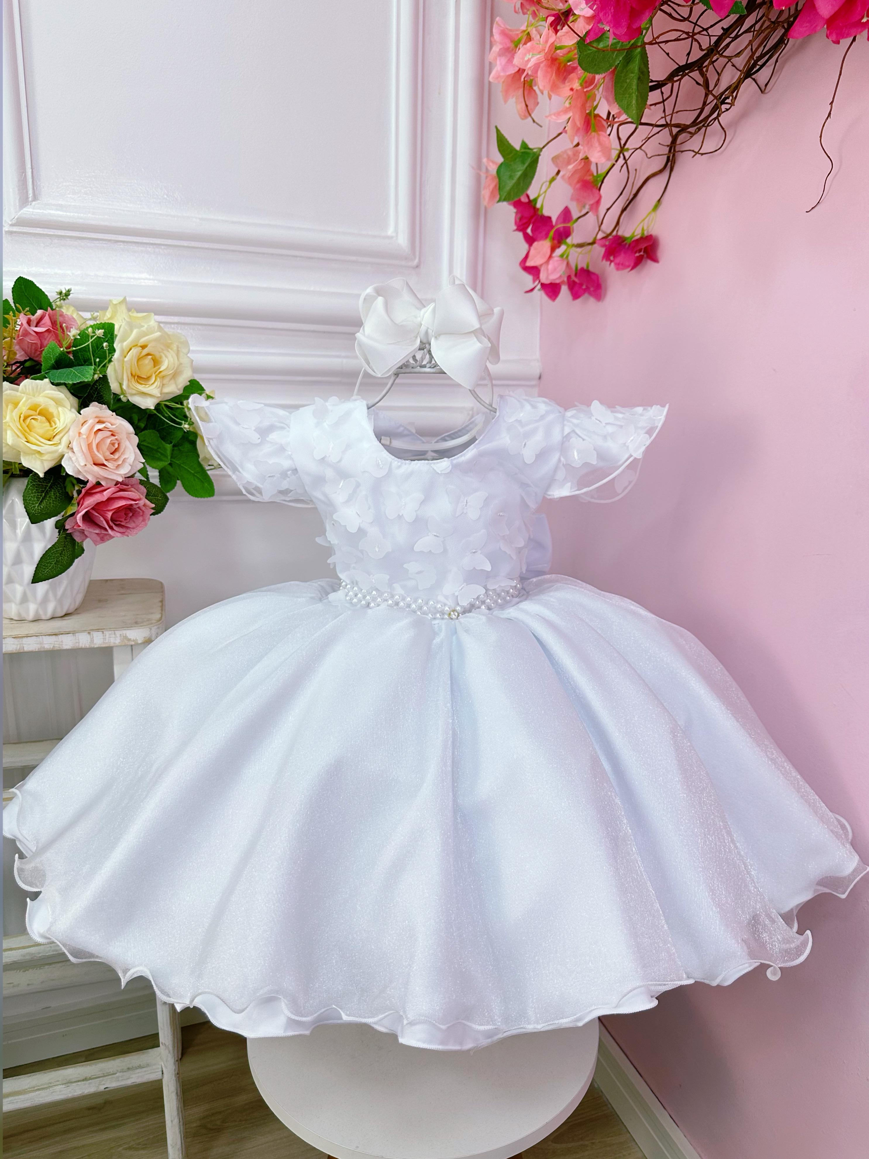 Vestido Infantil Branco Jardim das Borboletas Luxo