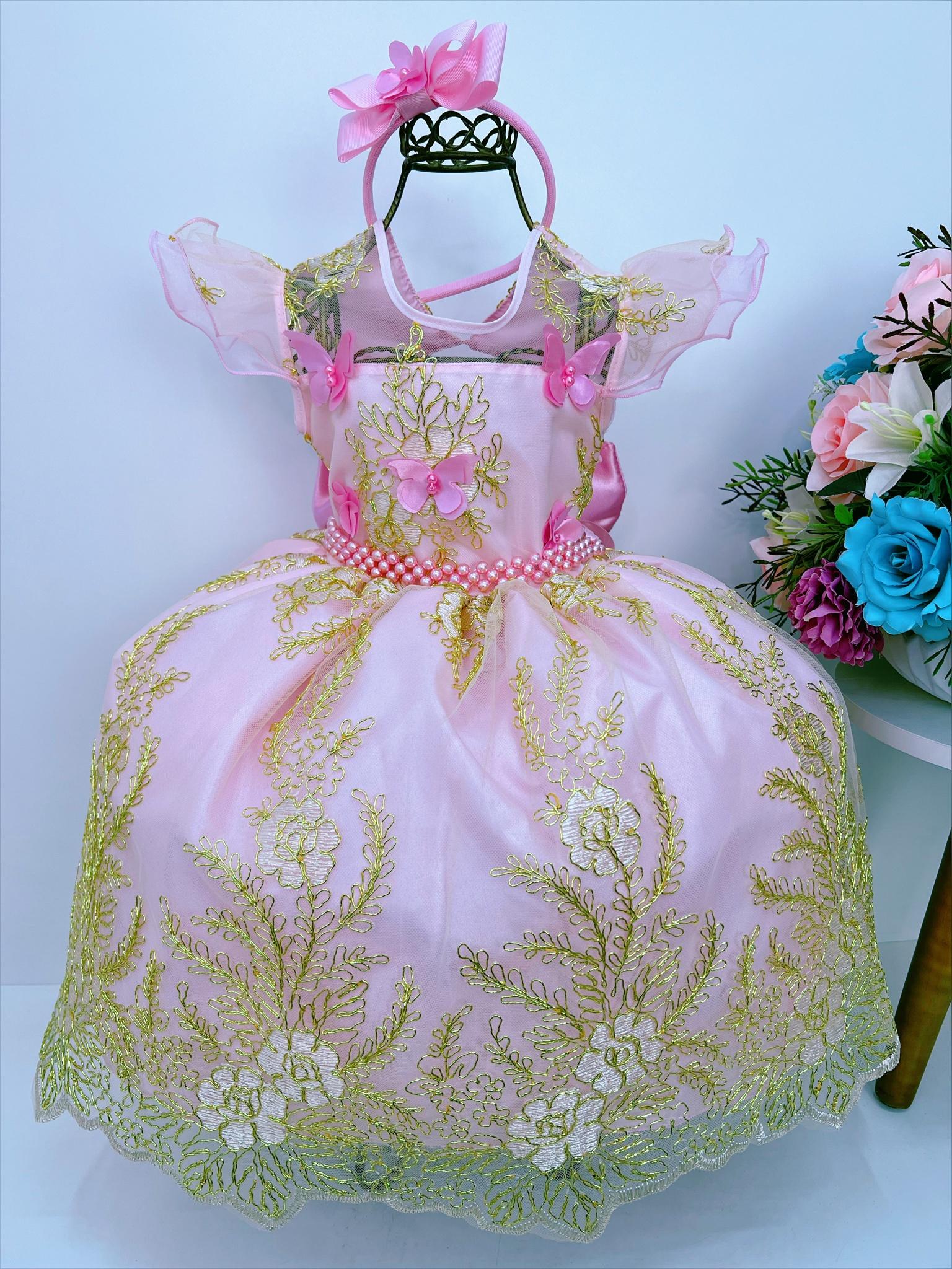 Vestido Infantil Rosa C/ Renda e Aplique Borboletas Pérolas