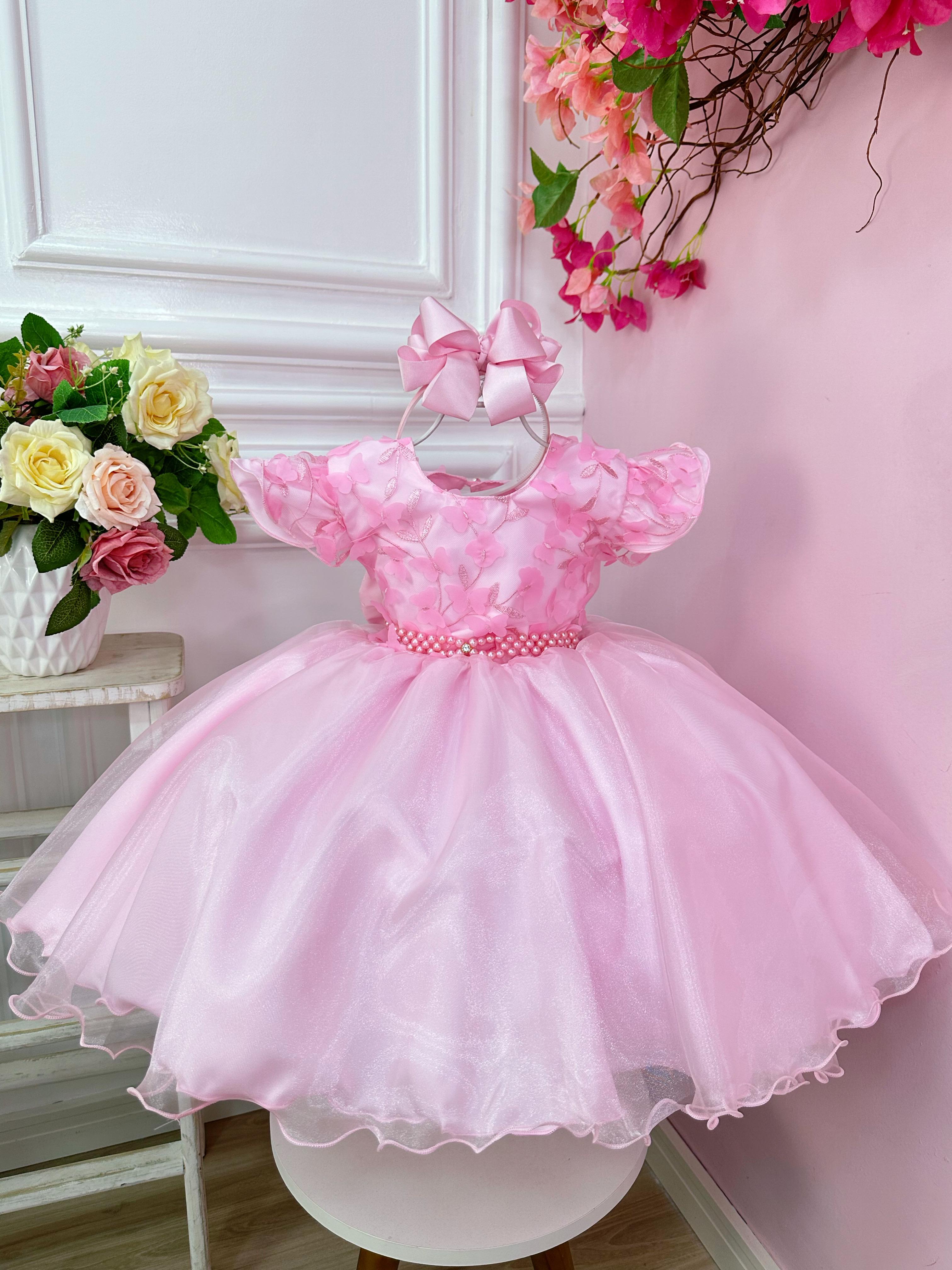 Vestido Infantil Rosa C/ Renda Jardim das Borboletas Luxo