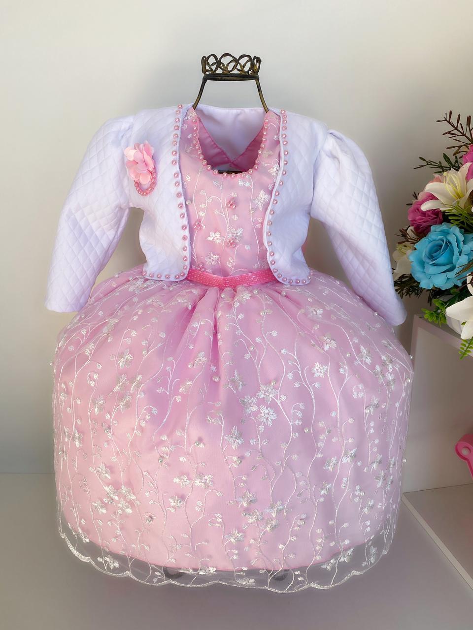 Vestido Infantil Rosa com Bolero Bordado em Pérolas Barrado Renda