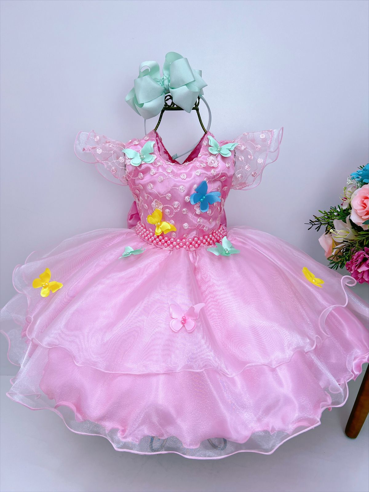 Vestido Infantil Rosa Jardim Encantado Renda e Borboletas