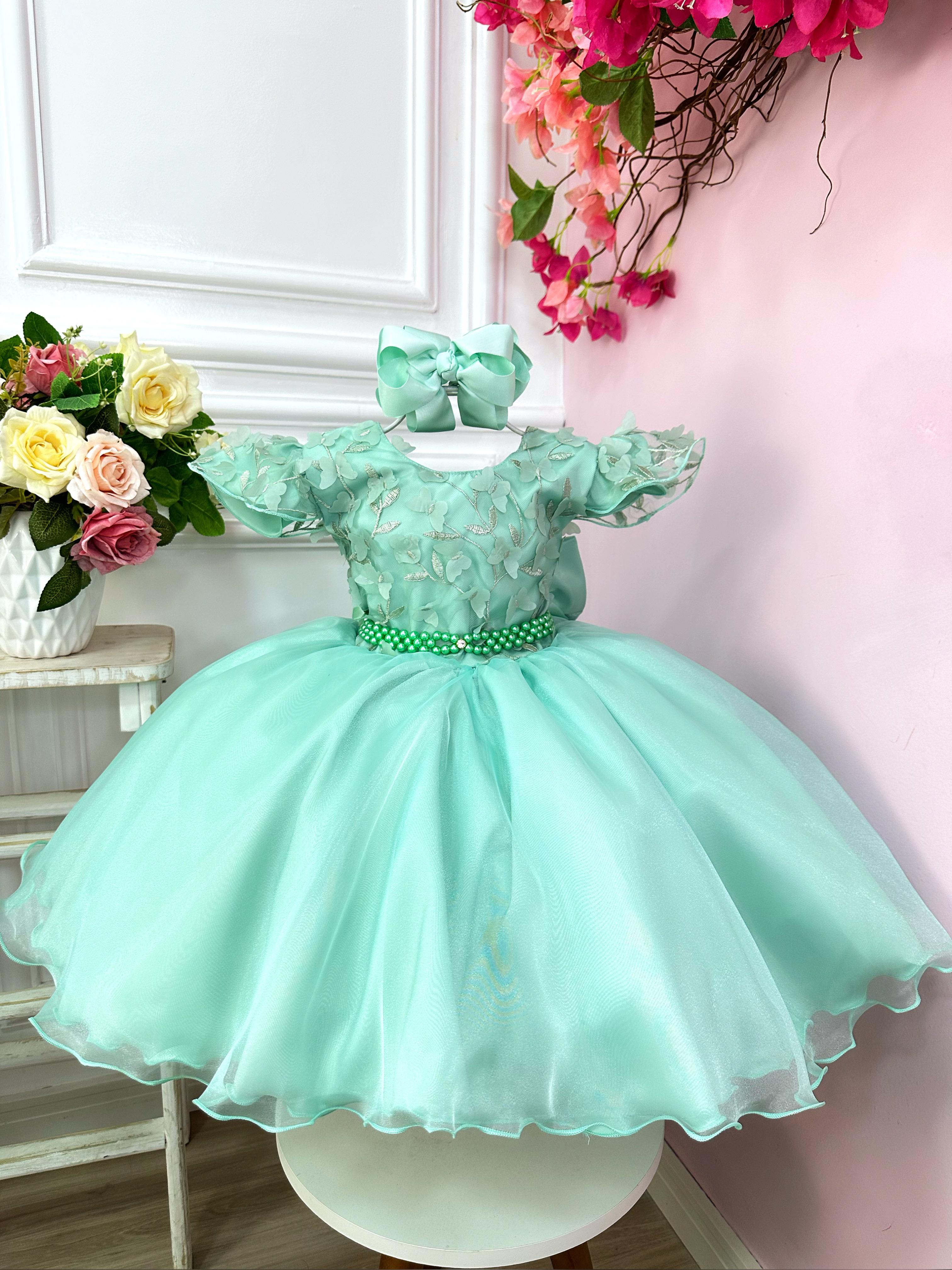 Vestido Infantil Verde C/ Renda Jardim das Borboletas Luxo