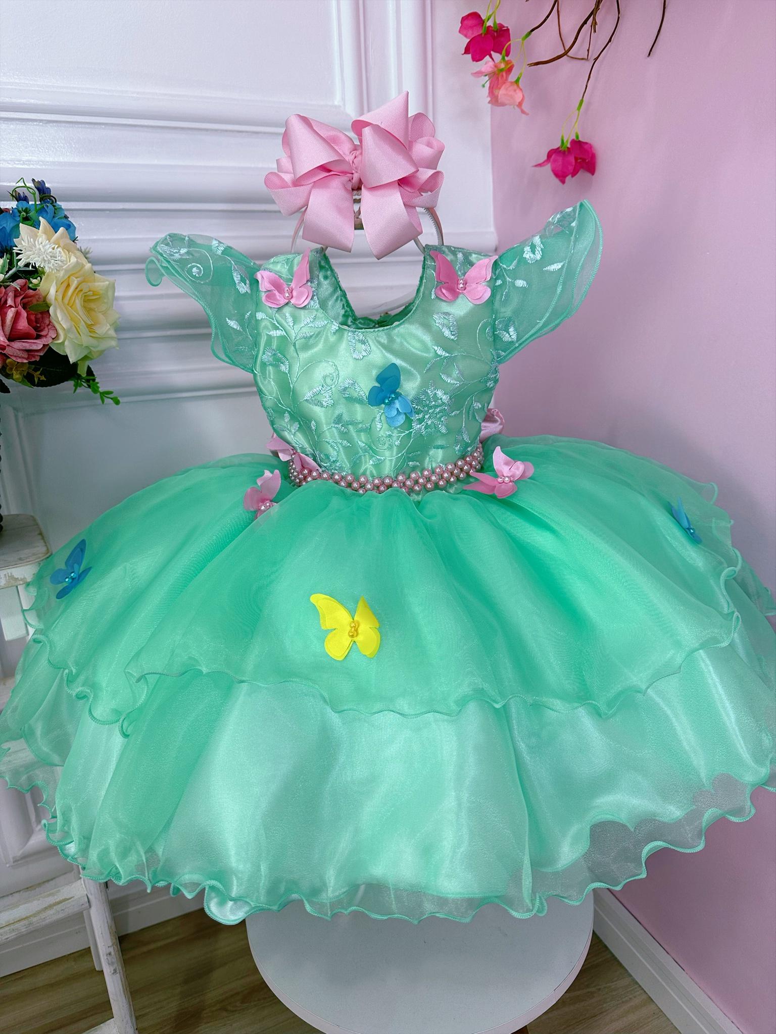 Vestido Infantil Verde Jardim Encantado Renda e Borboletas