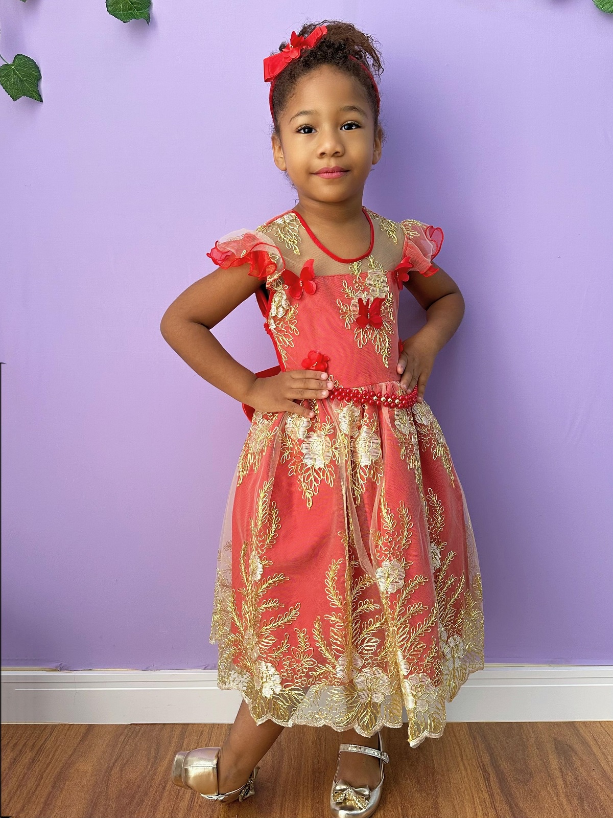 Vestido Infantil Vermelho Renda Aplique Borboletas Pérolas