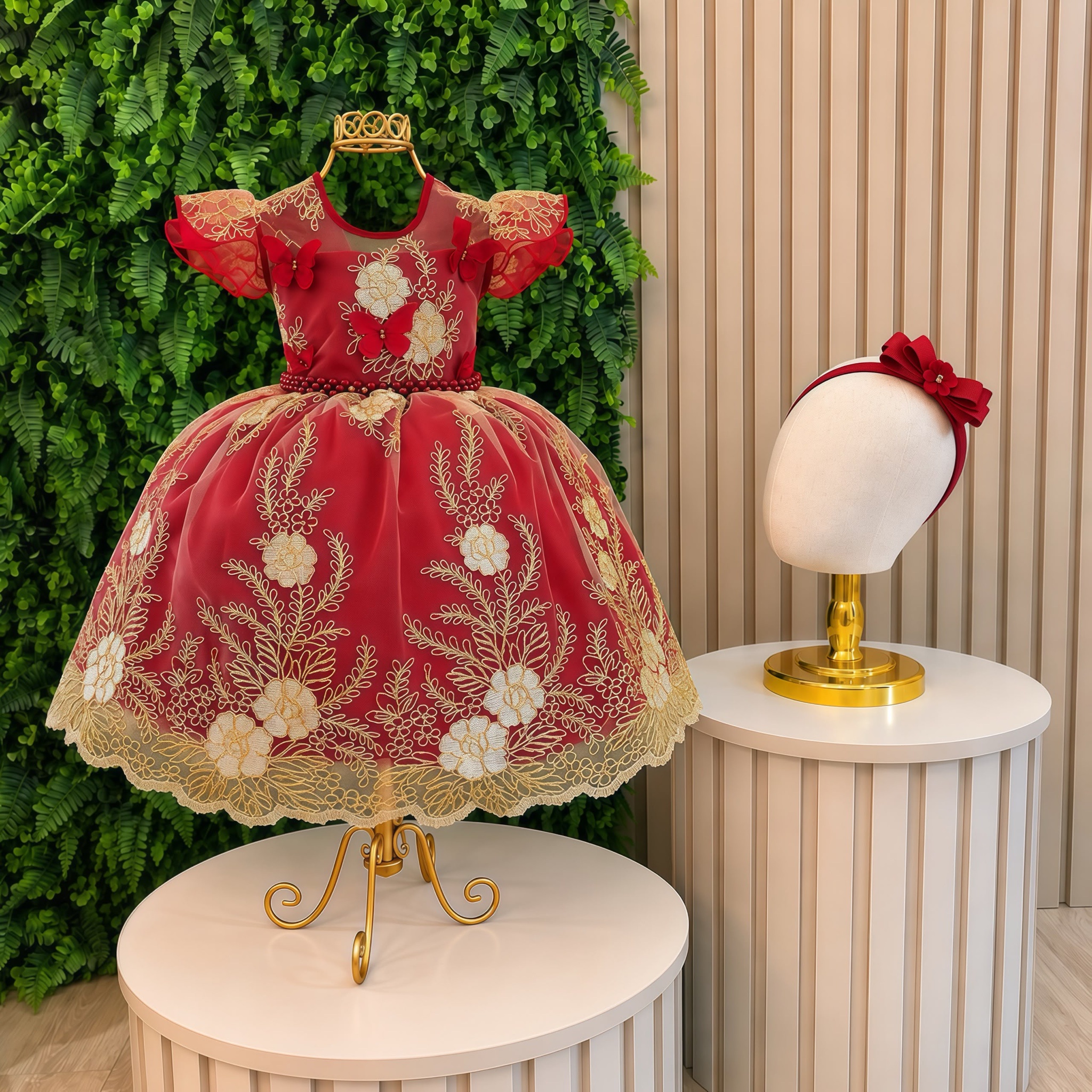 Vestido Infantil Vermelho Renda Aplique Borboletas Pérolas