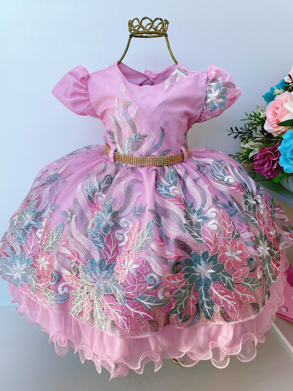 Vestido Infantil Rosa Renda Prata Luxo e Cinto Strass
