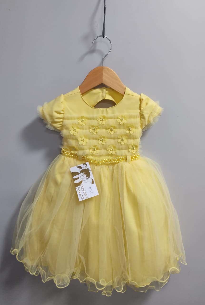 Vestido Infantil Amarelo C/ Apliques de Flores e Renda Luxo