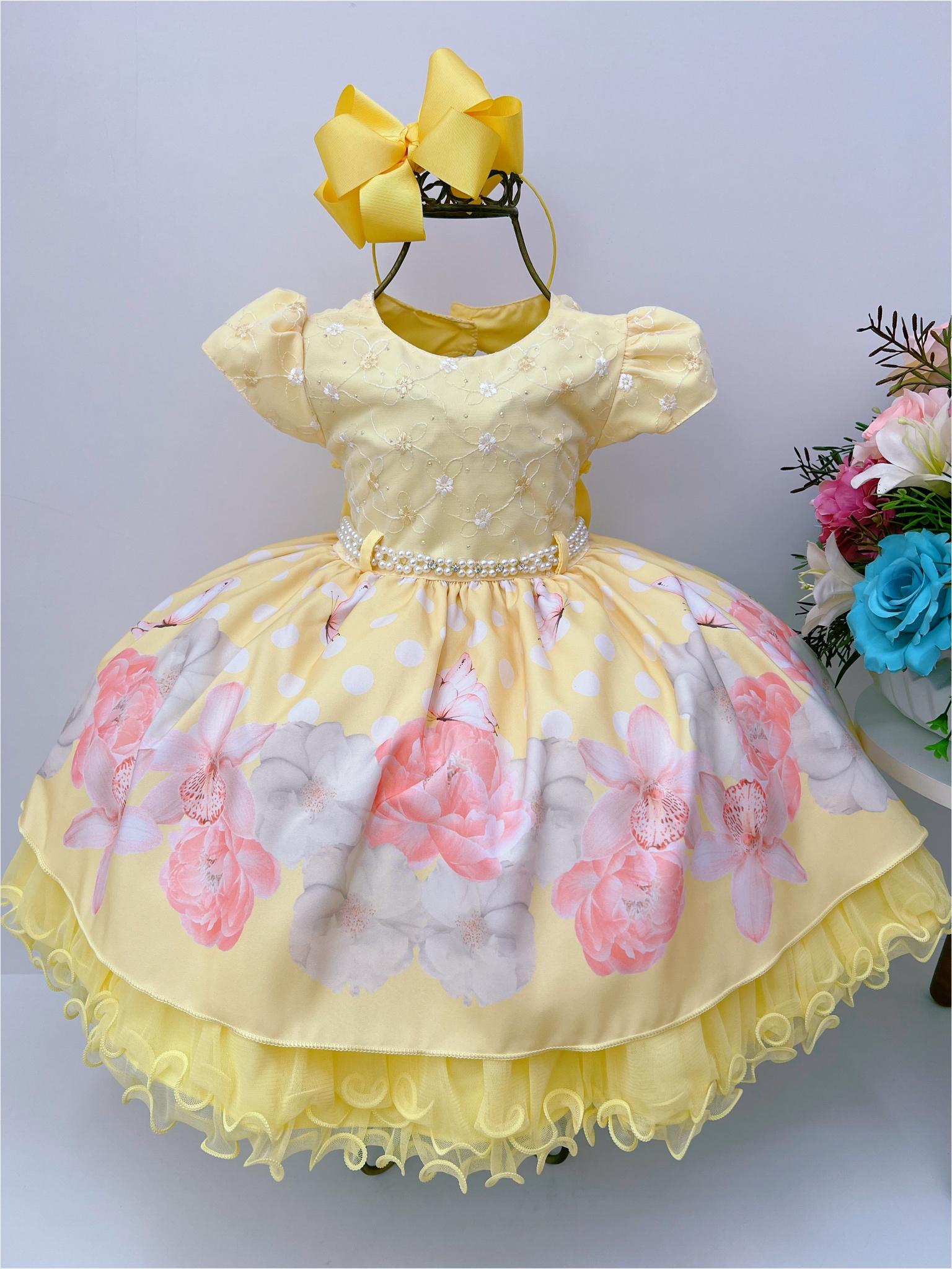 Vestido Infantil Amarelo Floral Princesa Luxo Cinto Pérolas