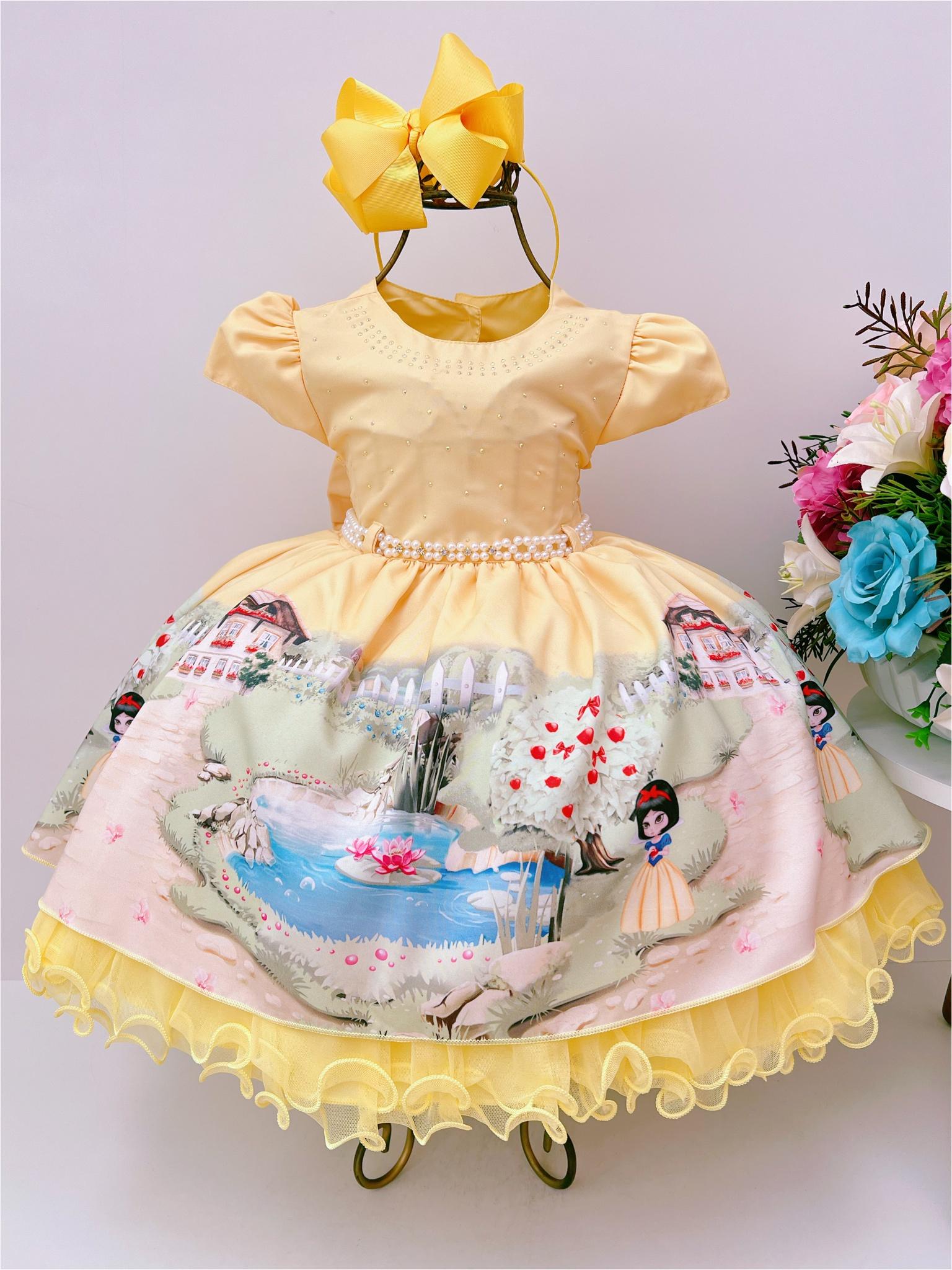 Vestido Infantil Amarelo Floral Princesa Luxo Cinto Pérolas