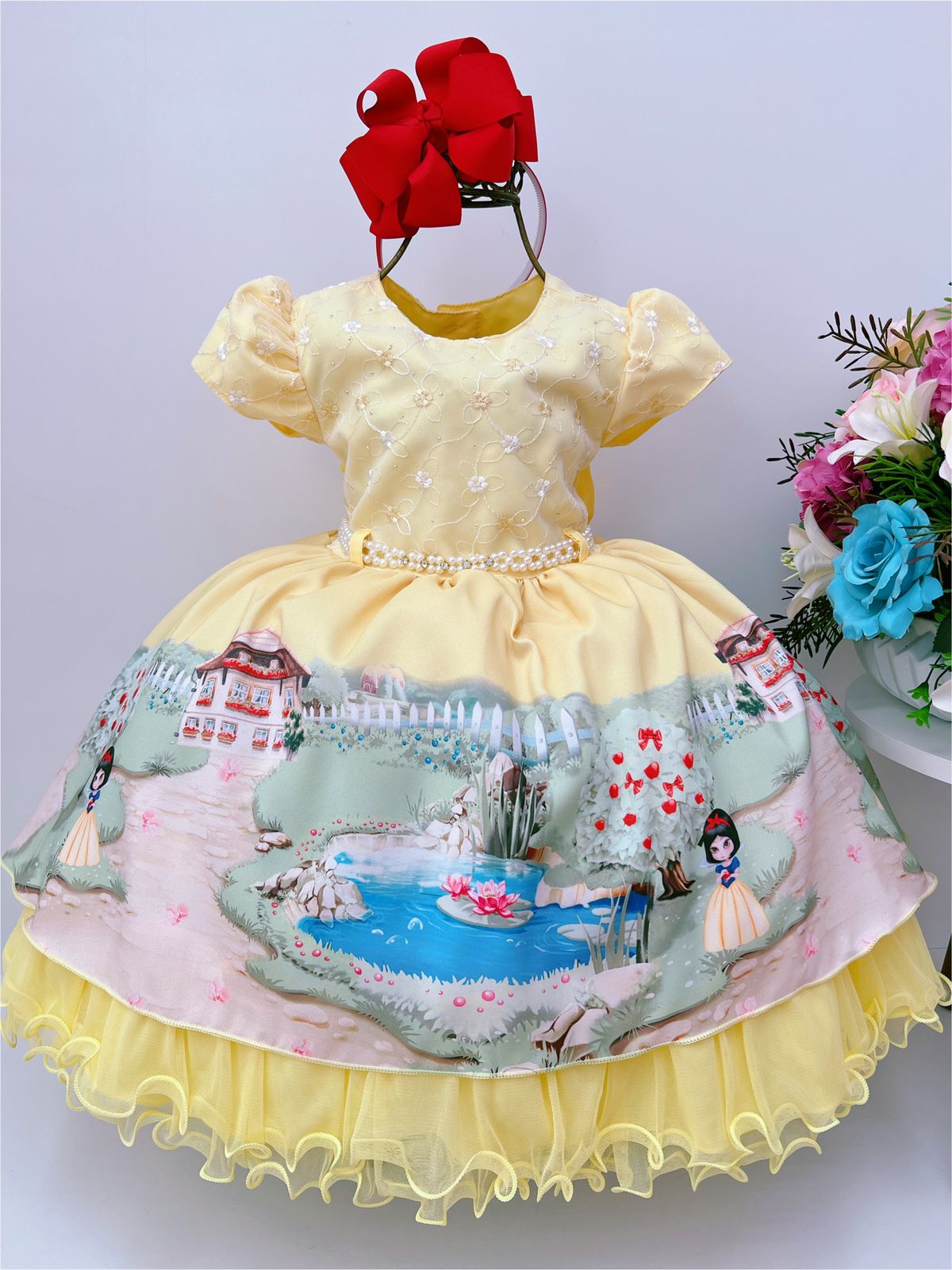 Vestido Infantil Amarelo Floral Princesa Renda Cinto Pérolas