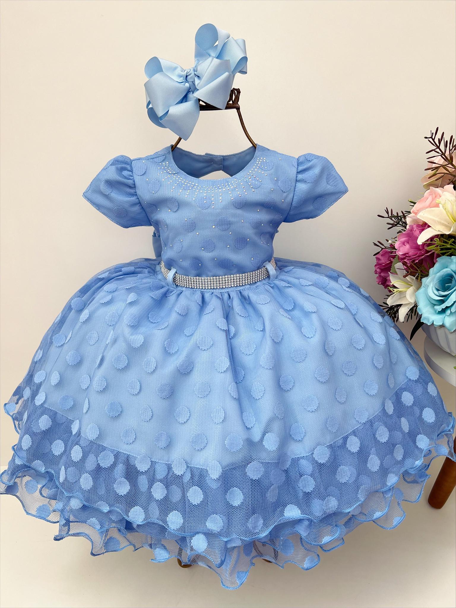 Vestido Infantil Azul C/ Peito e Cinto de Strass Bolinhas