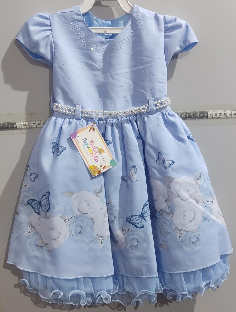 Vestido Infantil Azul Saia Floral Cinto de Pérolas e Aplique
