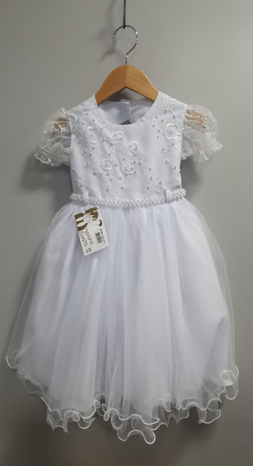 Vestido Infantil Branco Busto Com Renda Bordado Daminhas