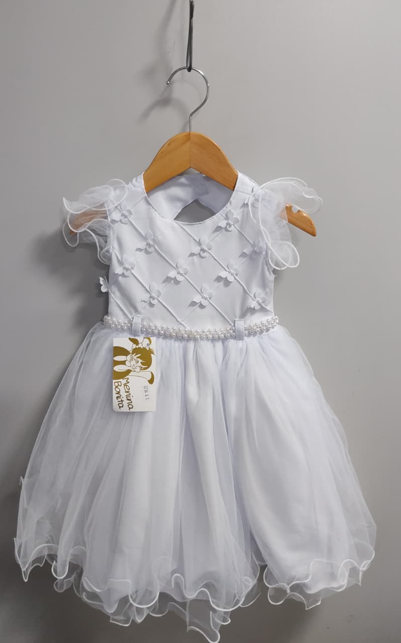 Vestido Infantil Branco Busto Nervura Apliques Daminhas