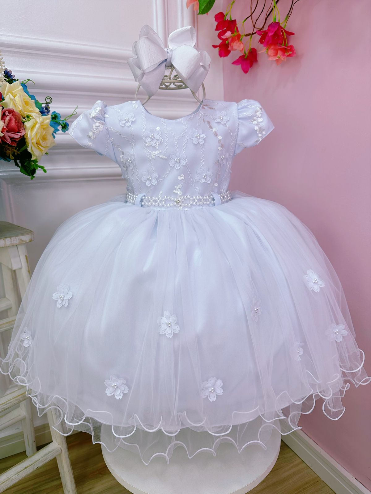 Vestido Infantil Branco C/ Aplique de Flores Renda Pérolas