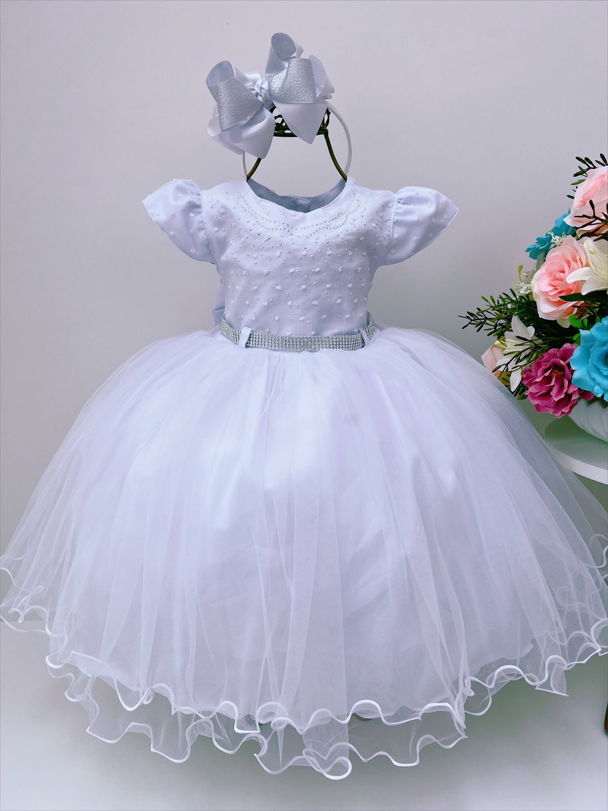 Vestido Infantil Branco Florido C/ Cinto Strass Luxo Festa