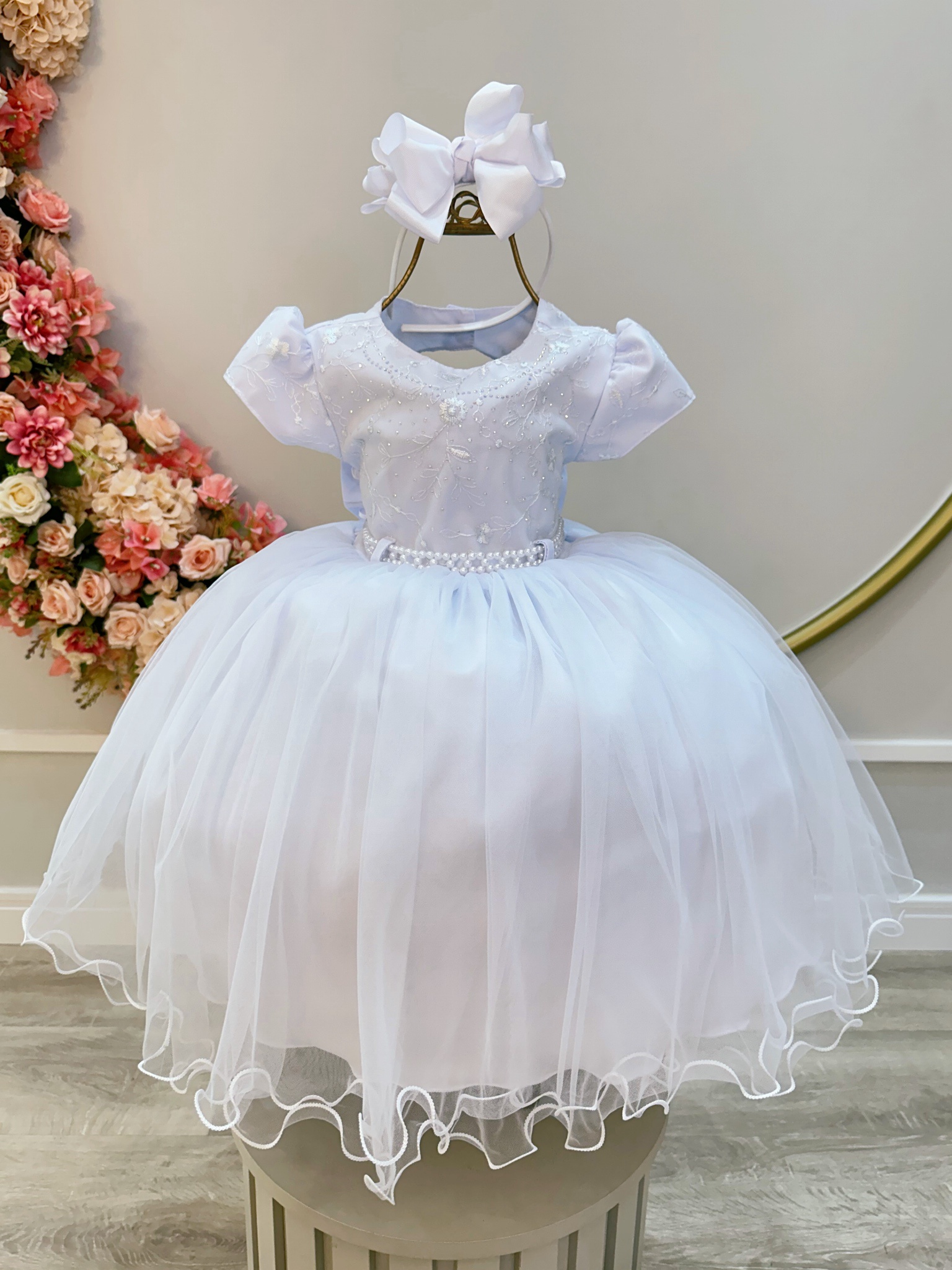 Vestido Infantil Branco Luxo C/ Renda e Strass Daminhas