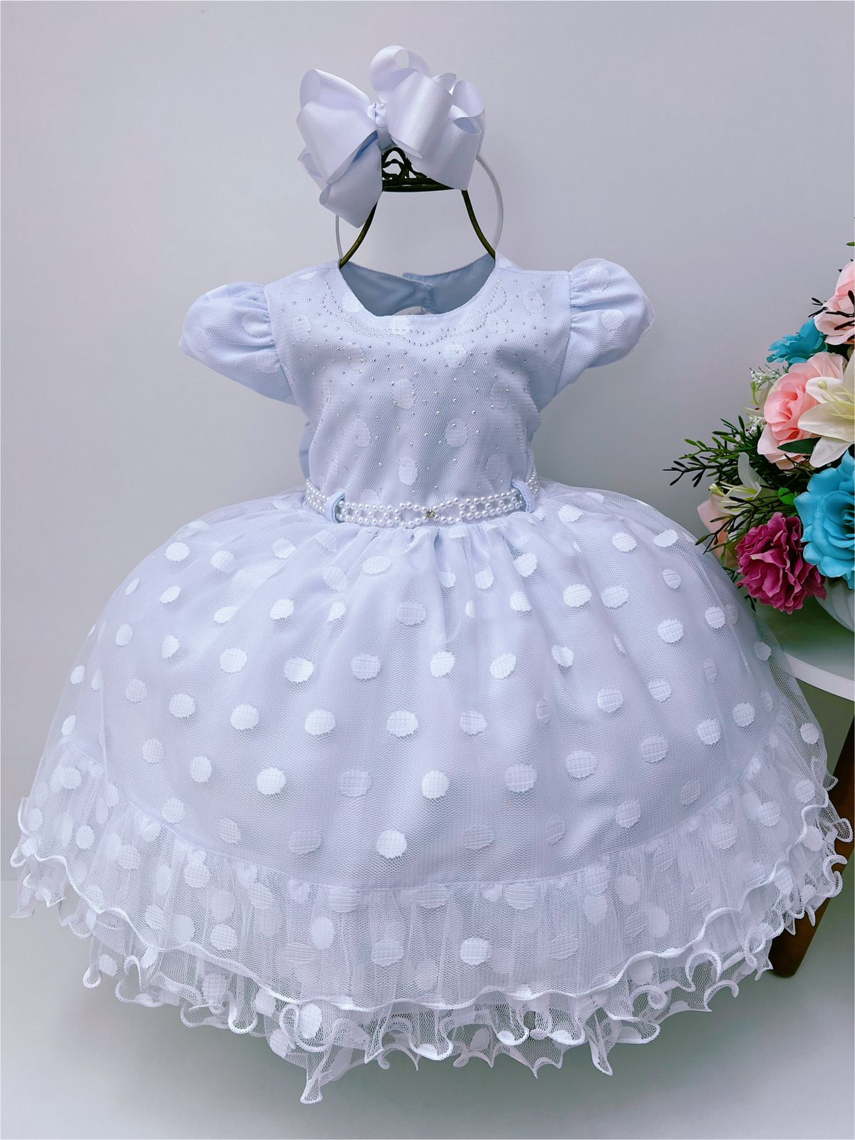 Vestido Infantil Branco Busto Com Strass e Pérolas Bolinhas