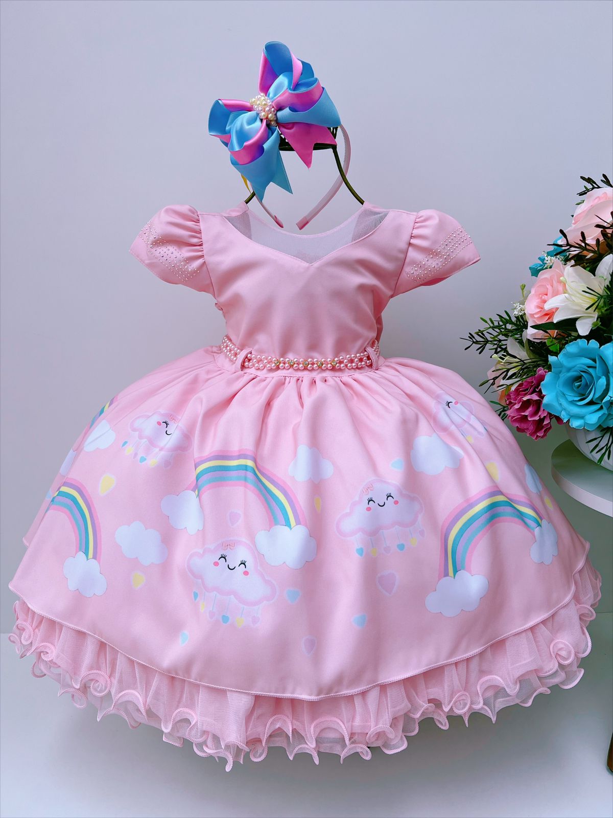 Vestido Infantil Chuva de Amor e de Bençãos Rosa Luxo Festas