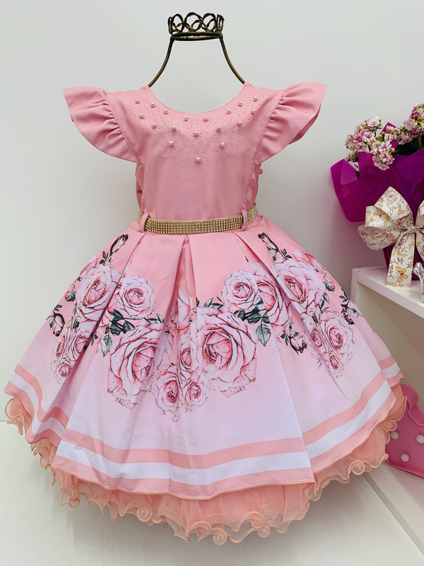 Vestido Infantil Coral Floral Princesa Luxo Festa Aniversário