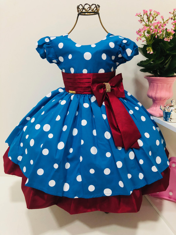 Vestido Infantil Galinha Pintadinha Azul Bolas Brancas