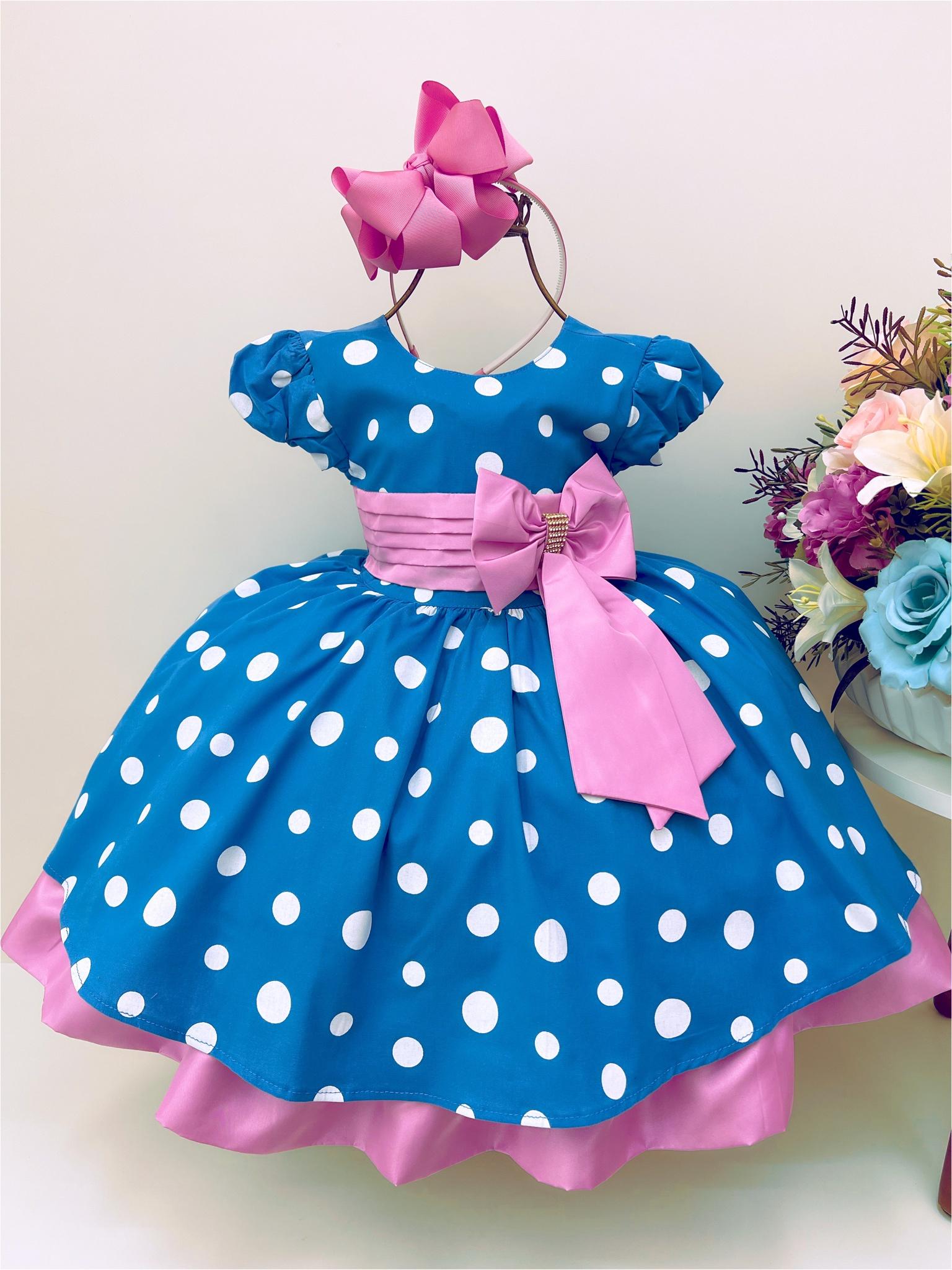 Vestido Infantil Galinha Pintadinha Azul Bolas Brancas Rosa