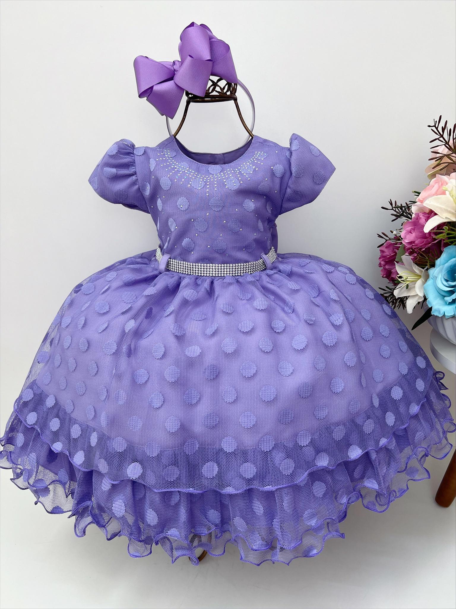 Vestido Infantil Lilás Busto e Cinto de Strass Bolinhas