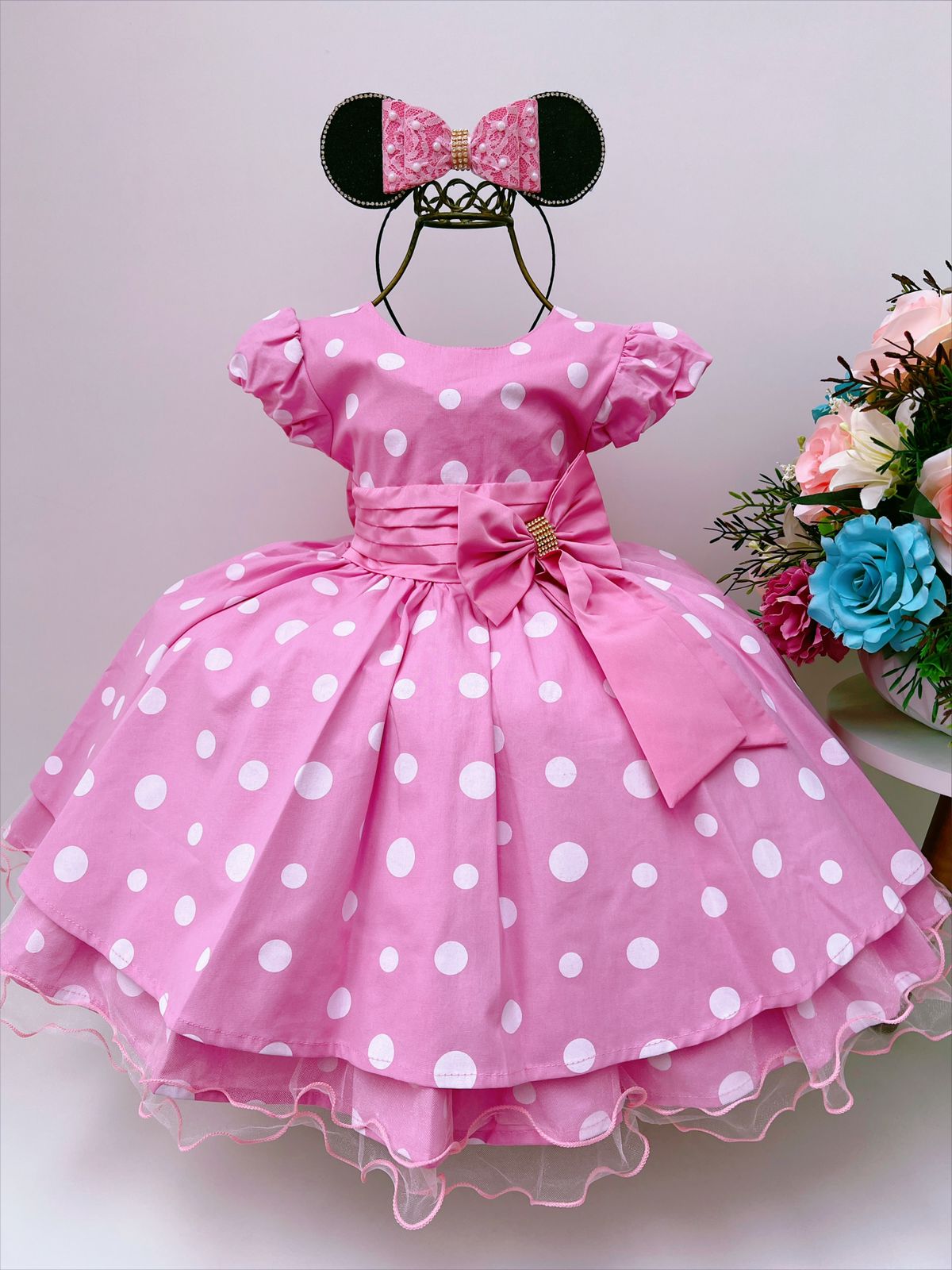 Vestido Infantil Minnie Rosa Bolas Brancas Luxo Princesas